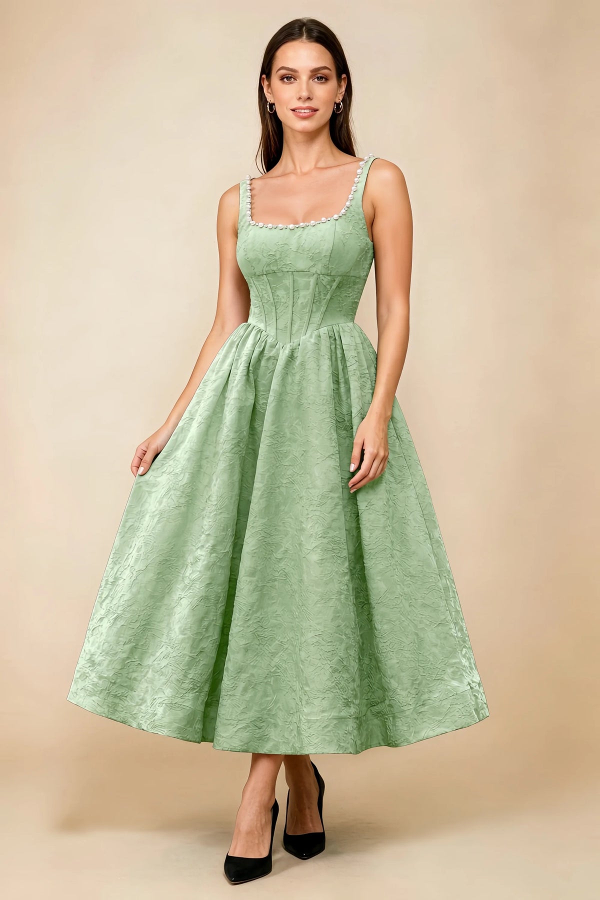 Alberta Sage Green Jacquard Square Neck Midi Dress with Pearl