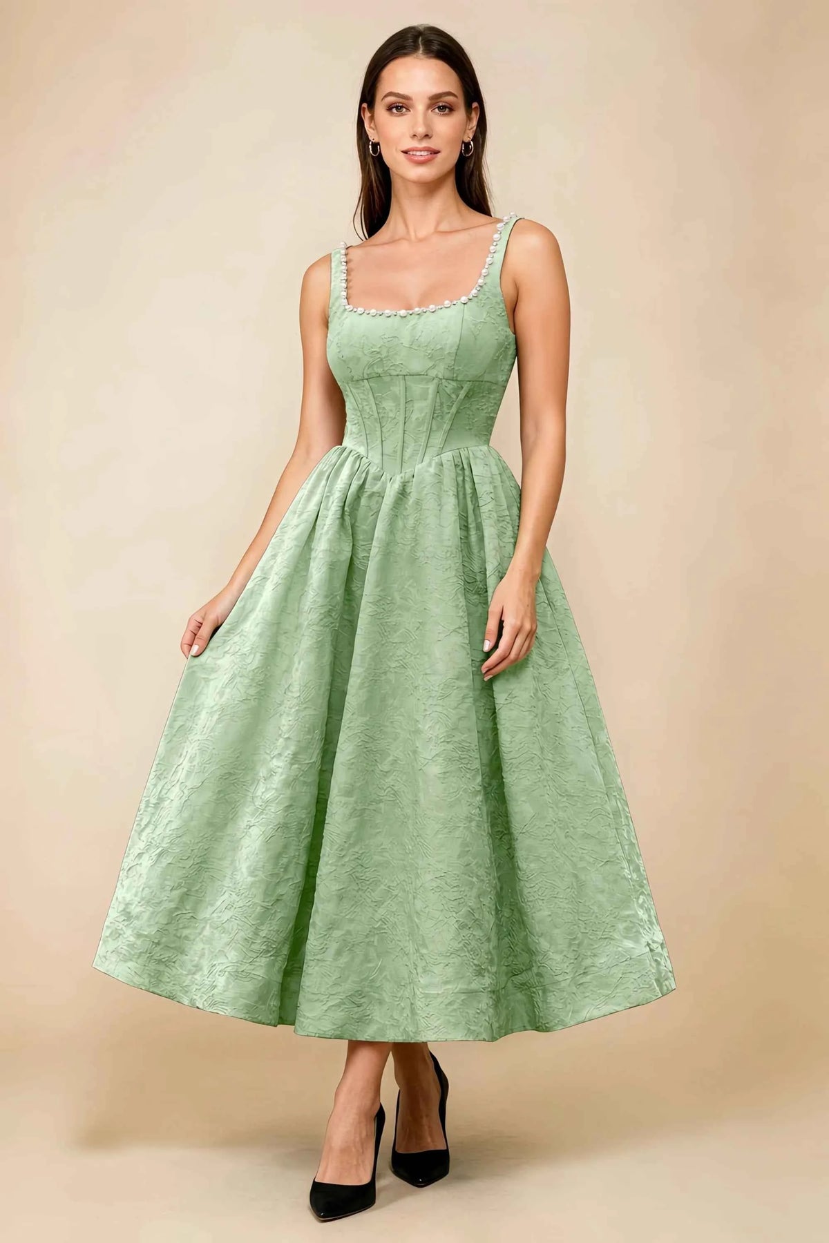 Alberta Sage Green Jacquard Square Neck Midi Dress with Pearl Main image