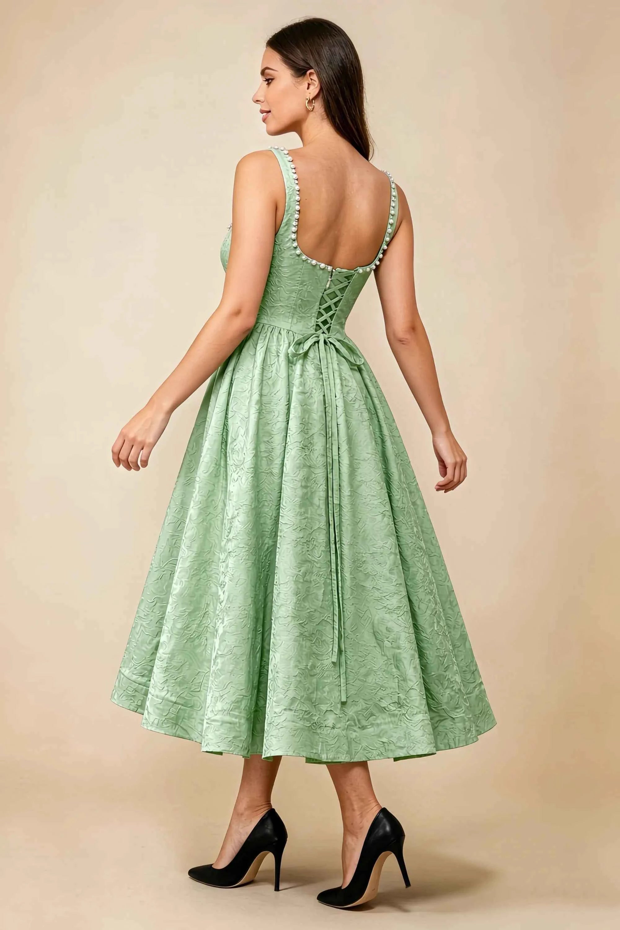 Alberta Sage Green Jacquard Square Neck Midi Dress with Pearl Secondary image