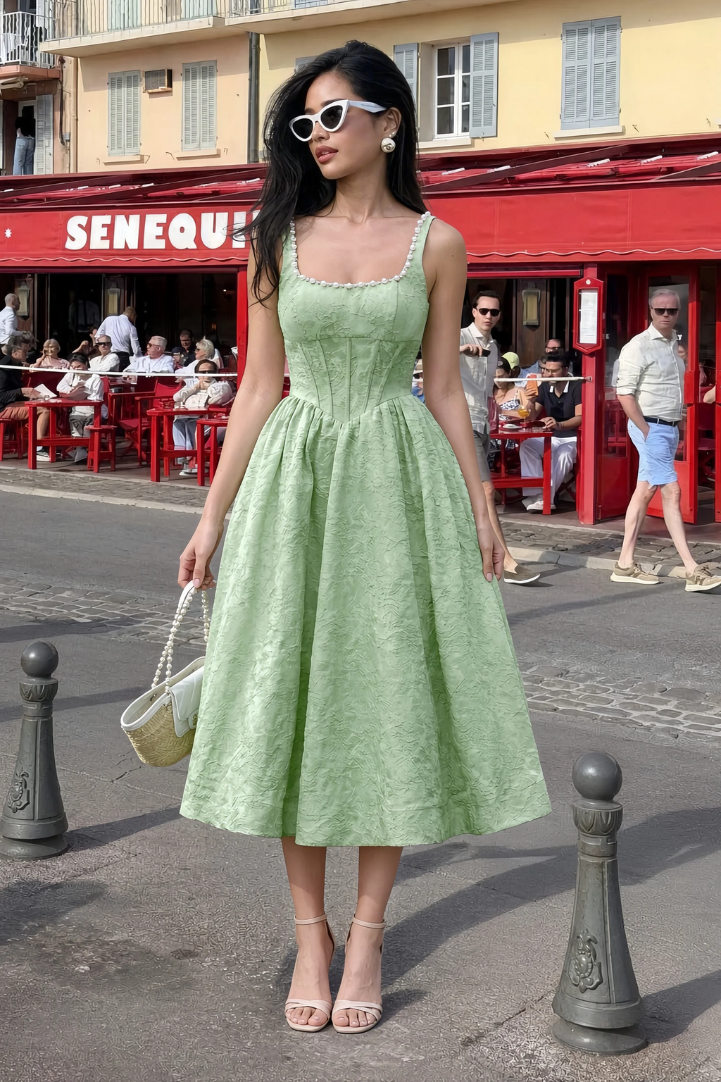 Alberta Sage Green Jacquard Square Neck Midi Dress with Pearl