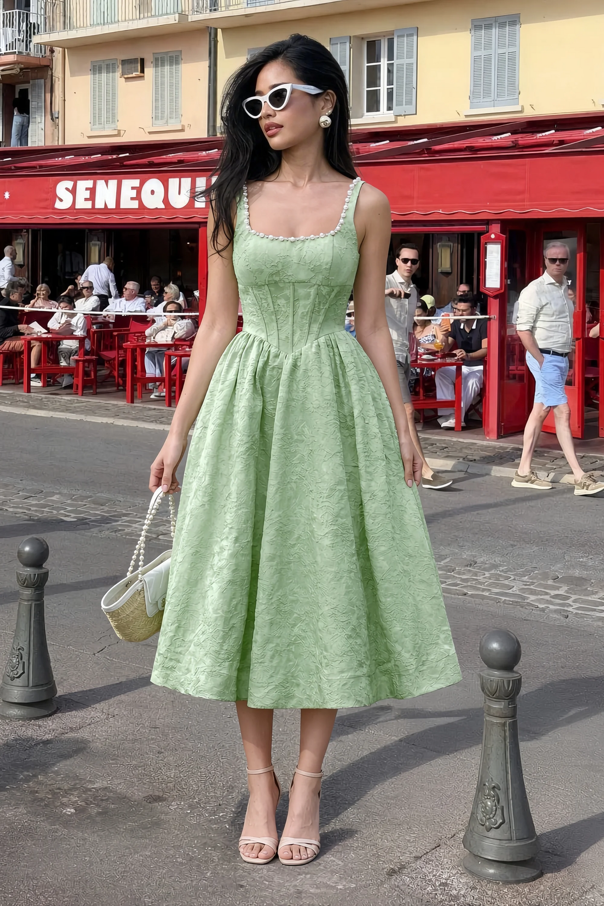 Alberta Sage Green Jacquard Square Neck Midi Dress with Pearl