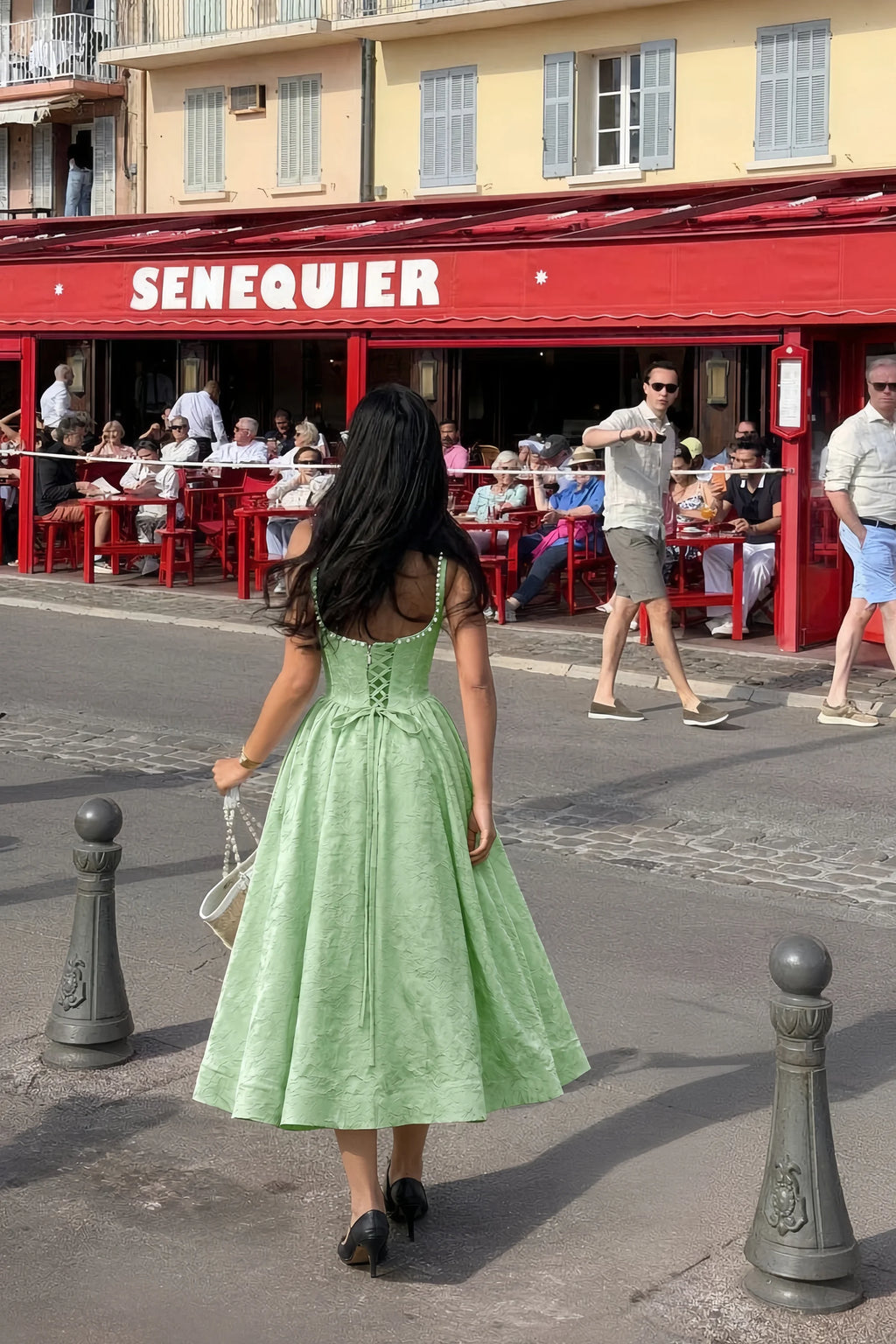 Alberta Sage Green Jacquard Square Neck Midi Dress with Pearl