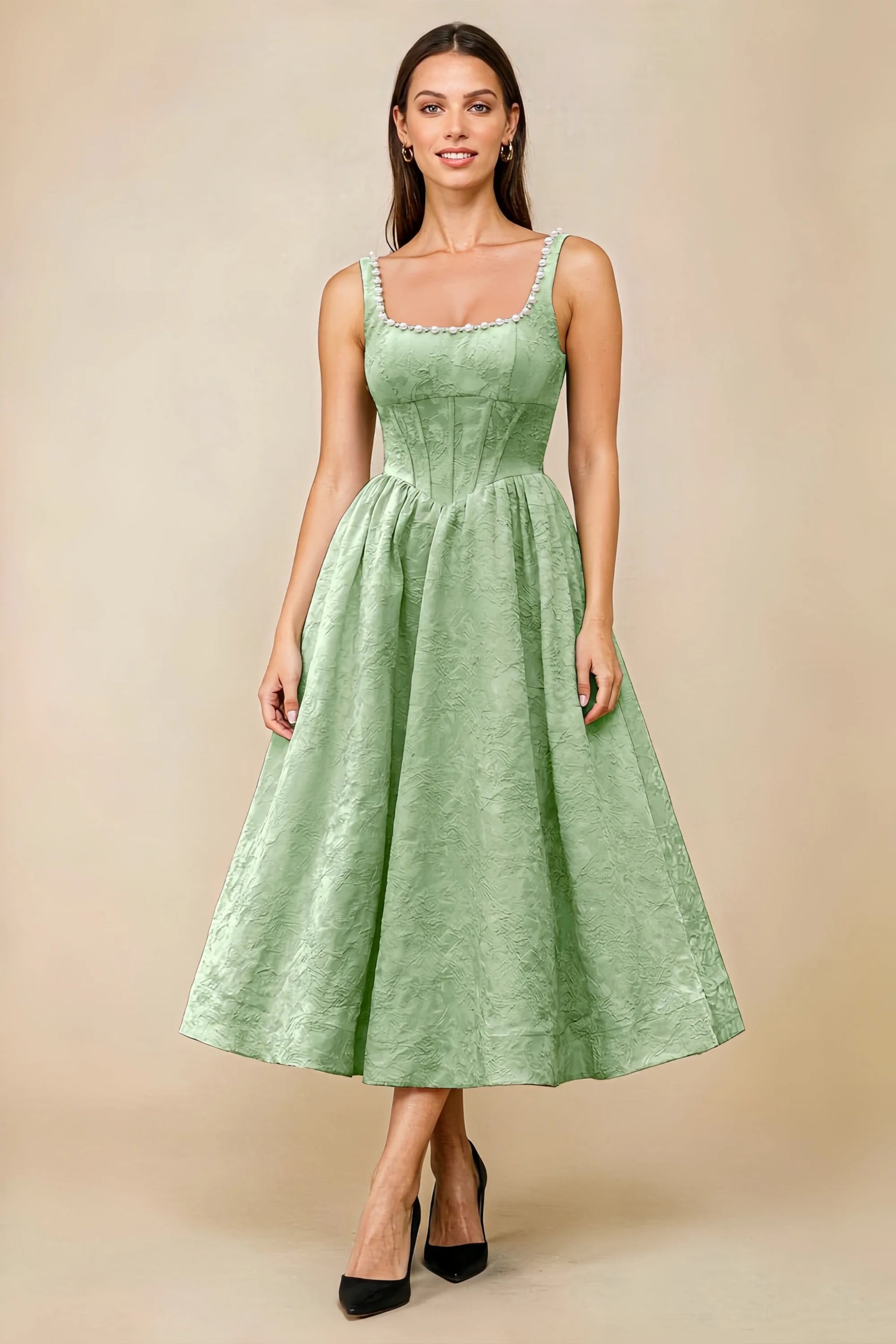 Alberta Sage Green Jacquard Square Neck Midi Dress with Pearl