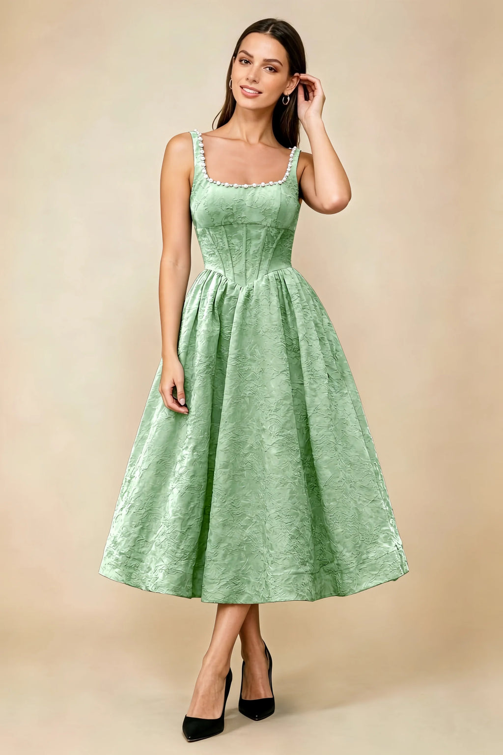 Alberta Sage Green Jacquard Square Neck Midi Dress with Pearl