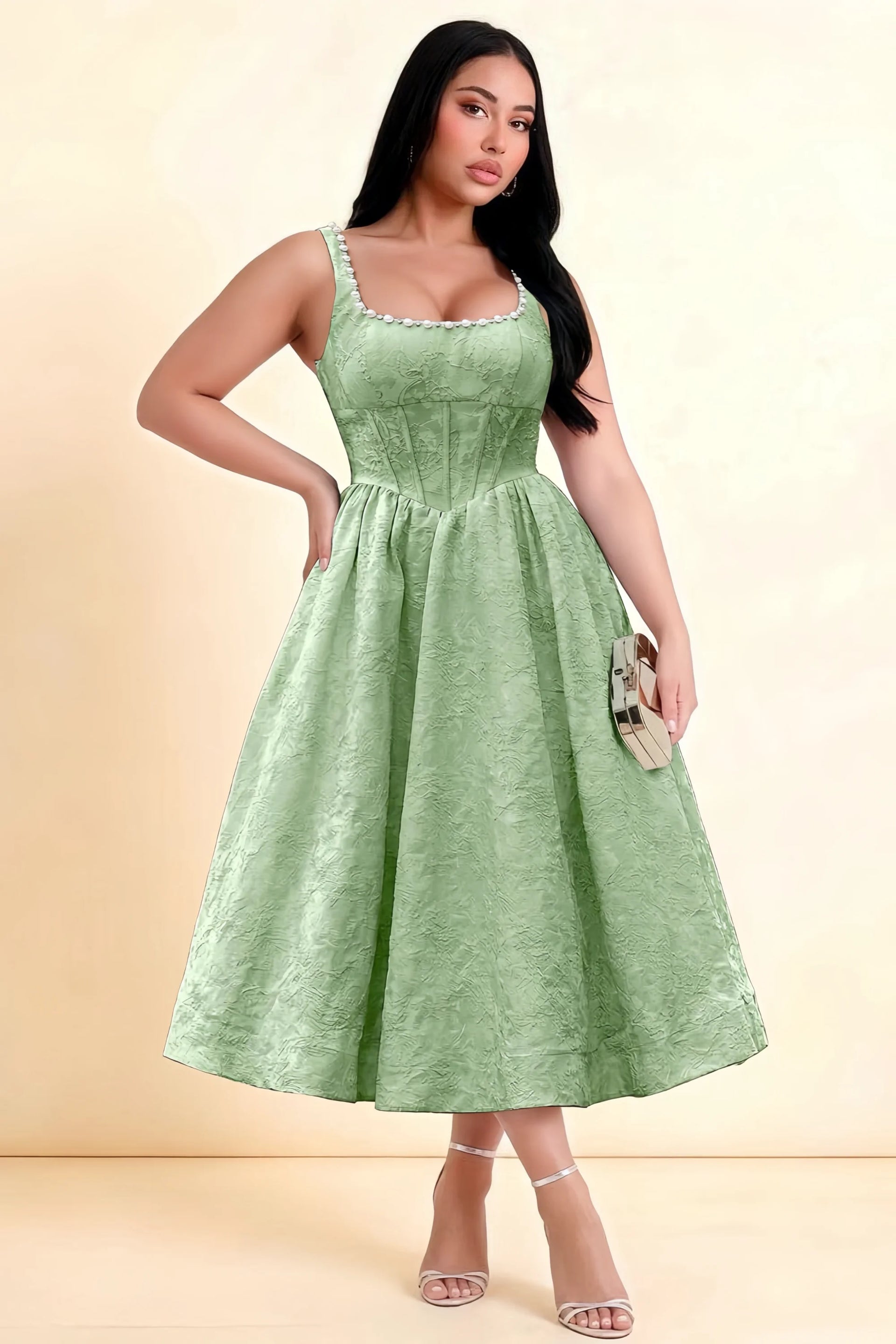 Alberta Sage Green Jacquard Square Neck Midi Dress with Pearl