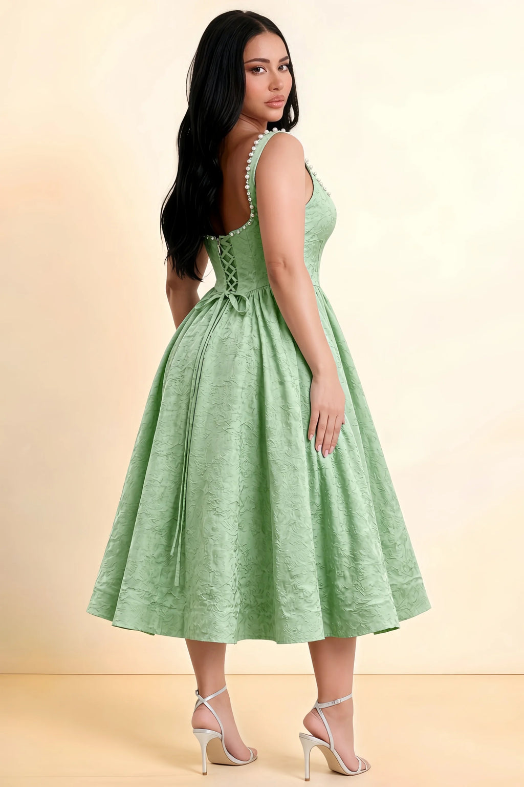 Alberta Sage Green Jacquard Square Neck Midi Dress with Pearl