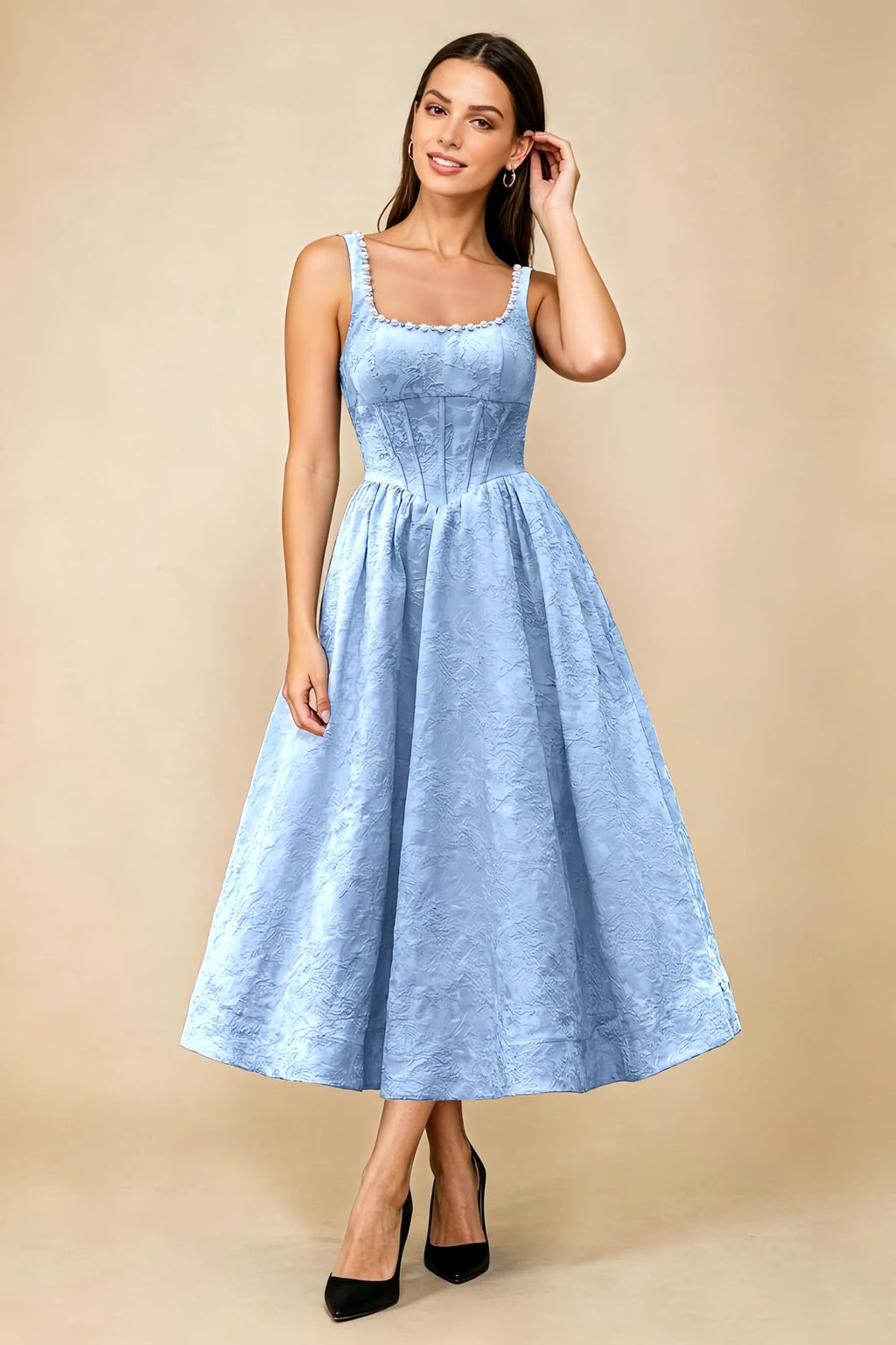 Alberta Sky Blue Jacquard Square Neck Midi Dress with Pearl
