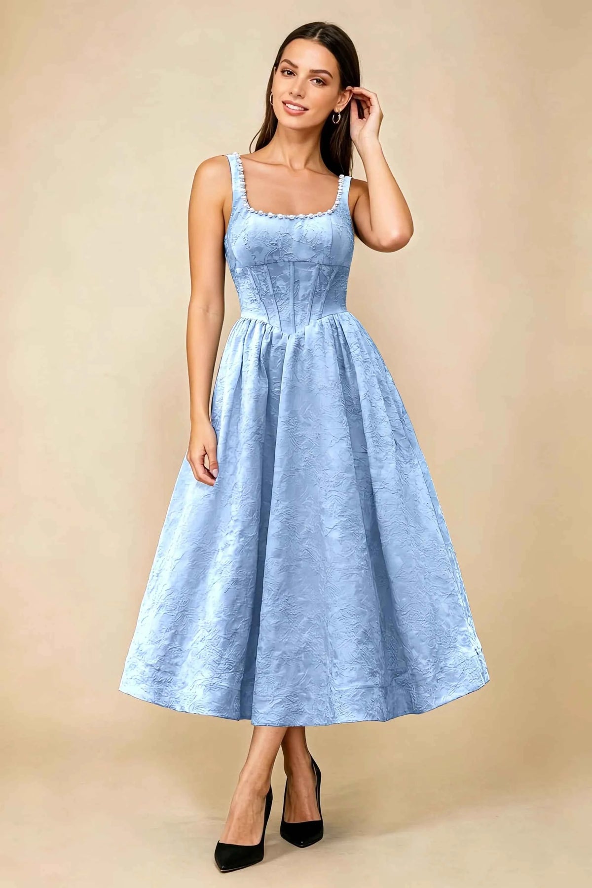 Alberta Sky Blue Jacquard Square Neck Midi Dress with Pearl Main image