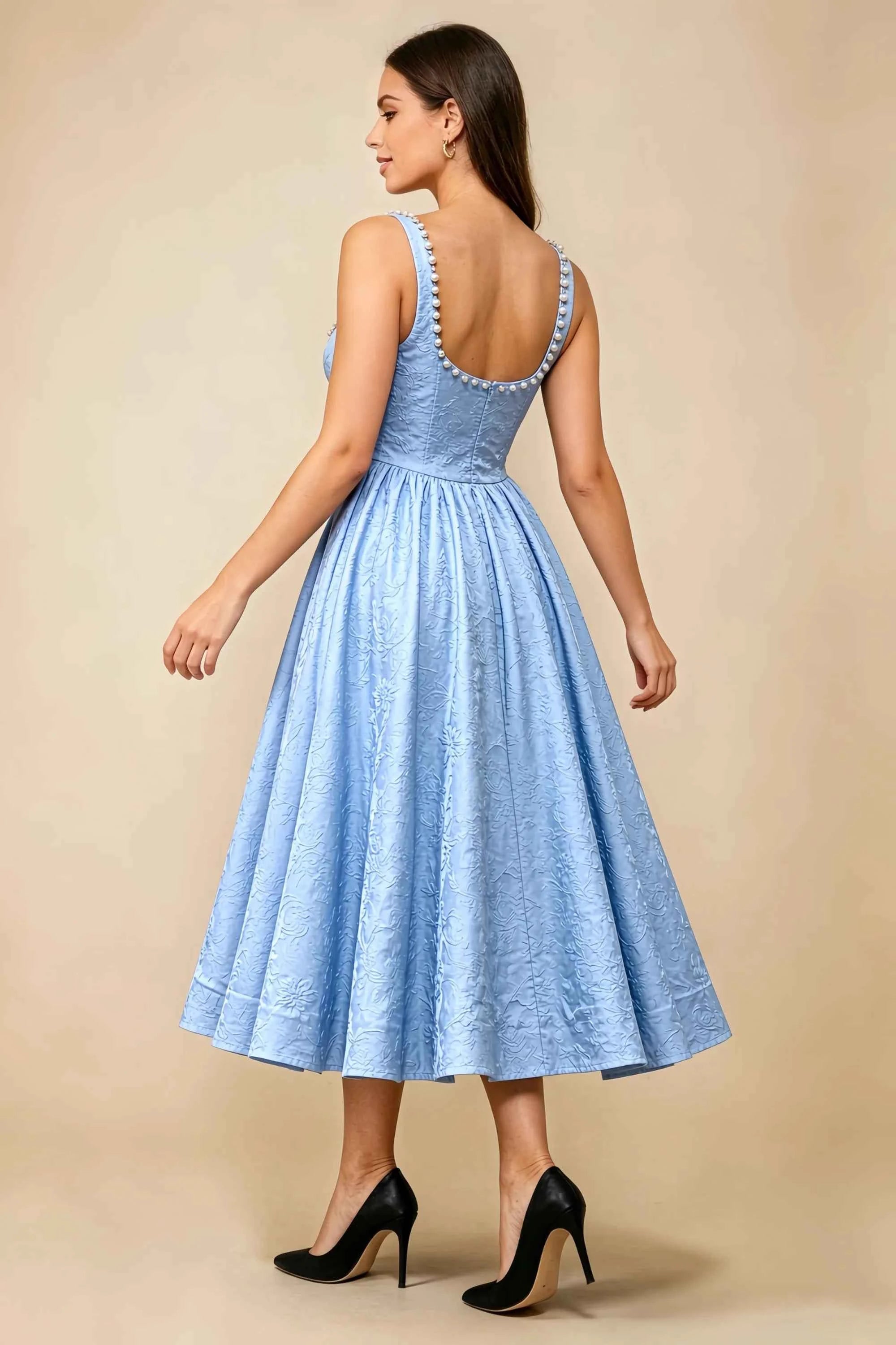 Alberta Sky Blue Jacquard Square Neck Midi Dress with Pearl Secondary image