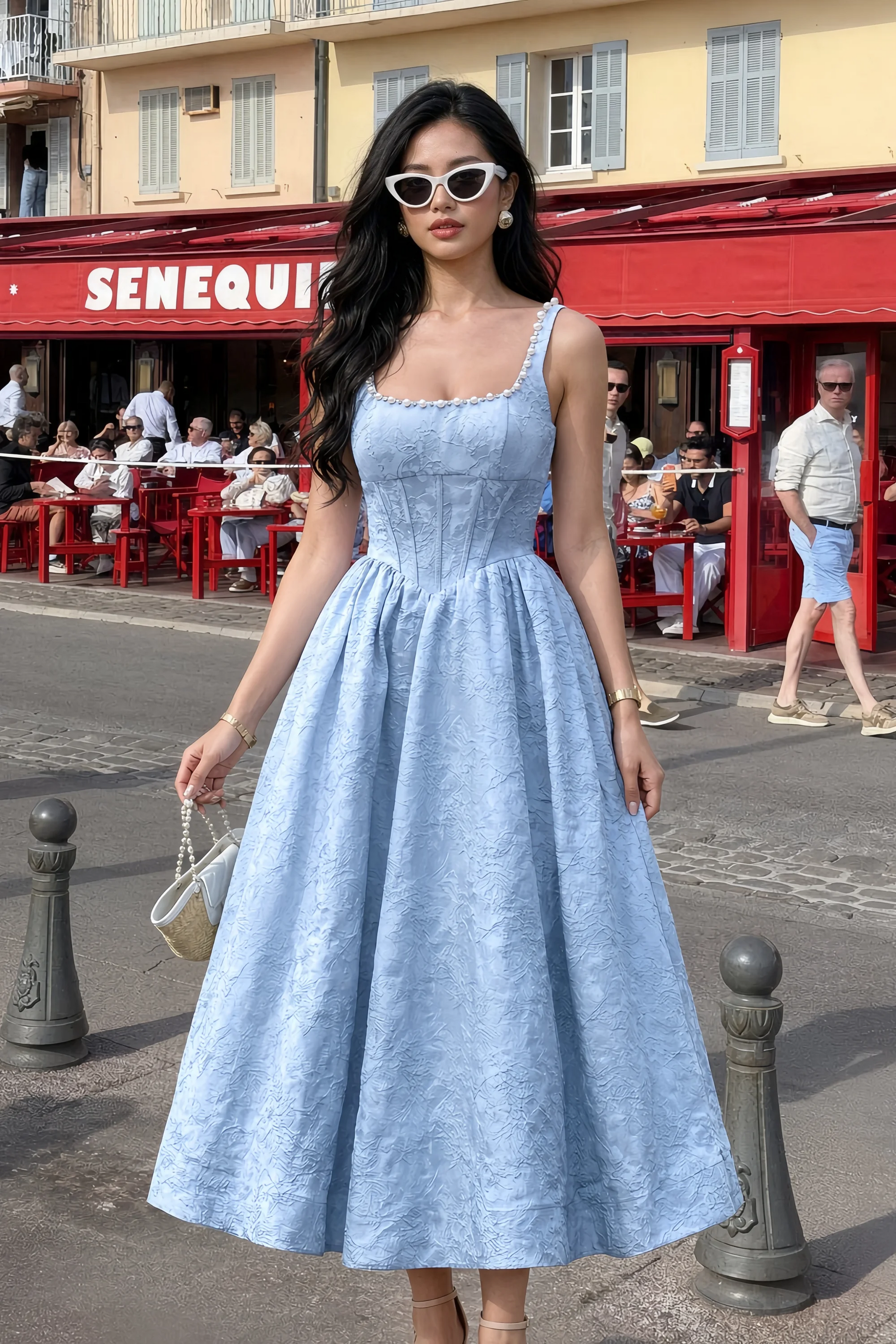 Alberta Sky Blue Jacquard Square Neck Midi Dress with Pearl