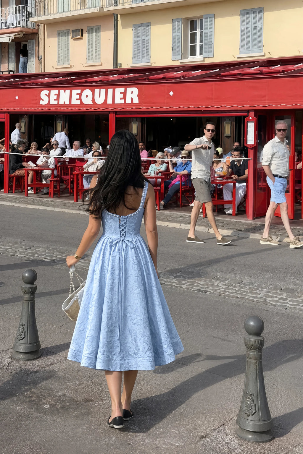 Alberta Sky Blue Jacquard Square Neck Midi Dress with Pearl