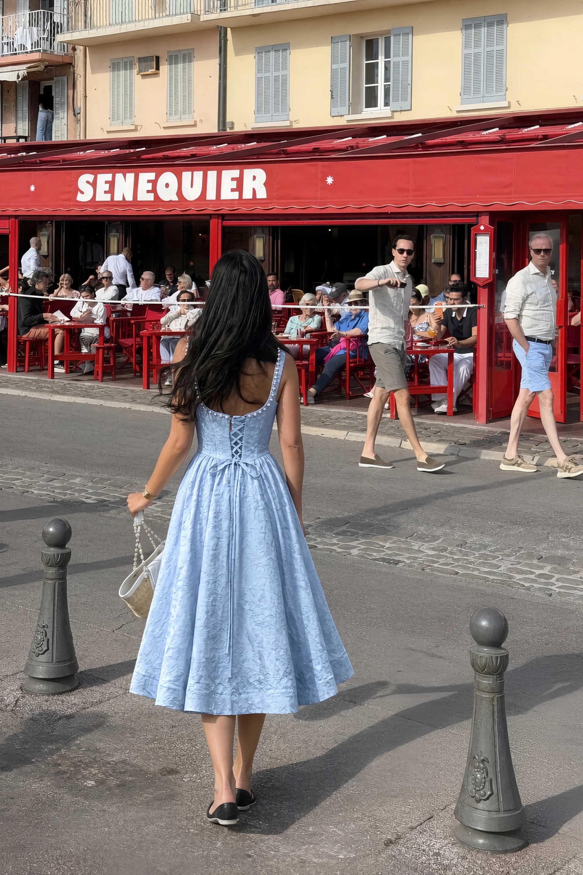 Alberta Sky Blue Jacquard Square Neck Midi Dress with Pearl