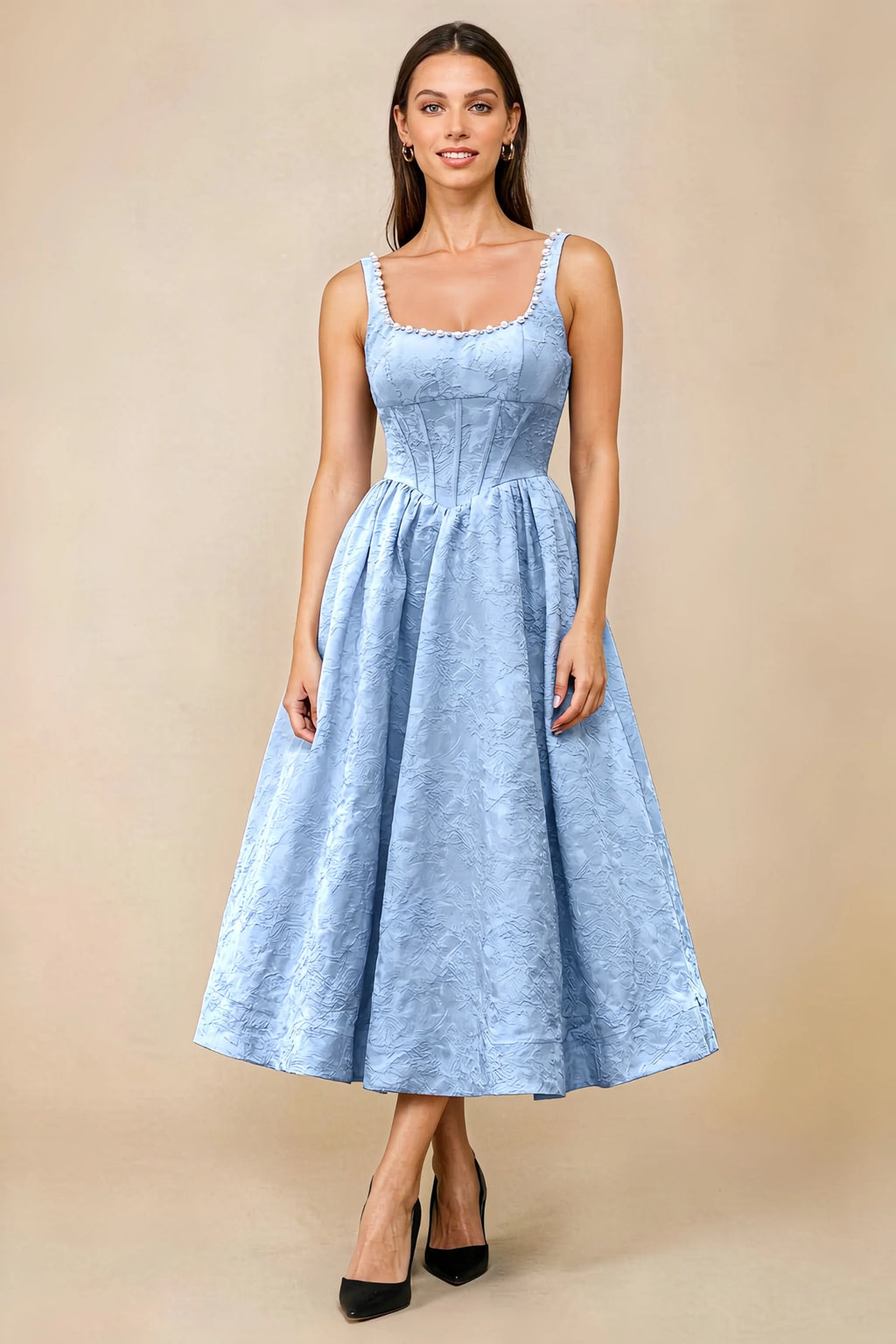 Alberta Sky Blue Jacquard Square Neck Midi Dress with Pearl