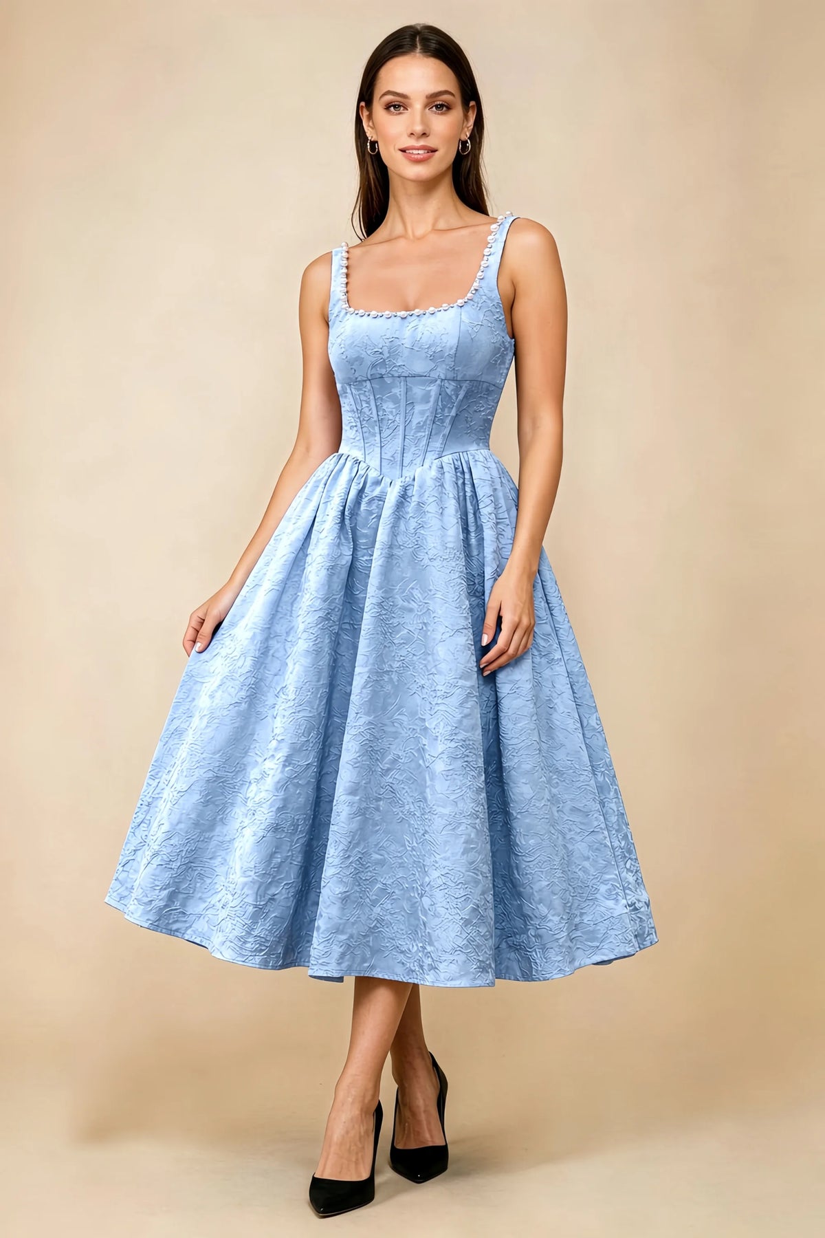 Alberta Sky Blue Jacquard Square Neck Midi Dress with Pearl