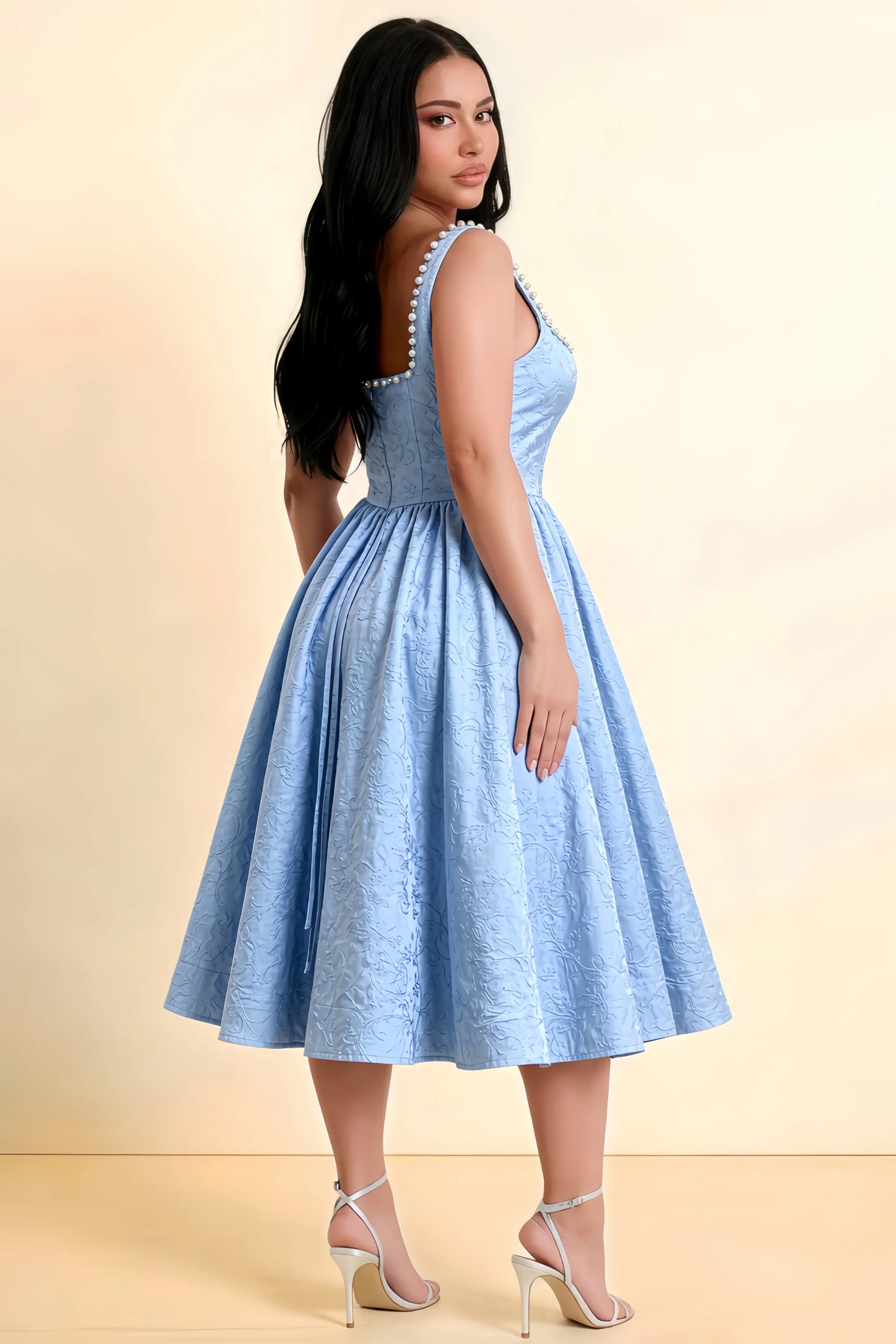 Alberta Sky Blue Jacquard Square Neck Midi Dress with Pearl