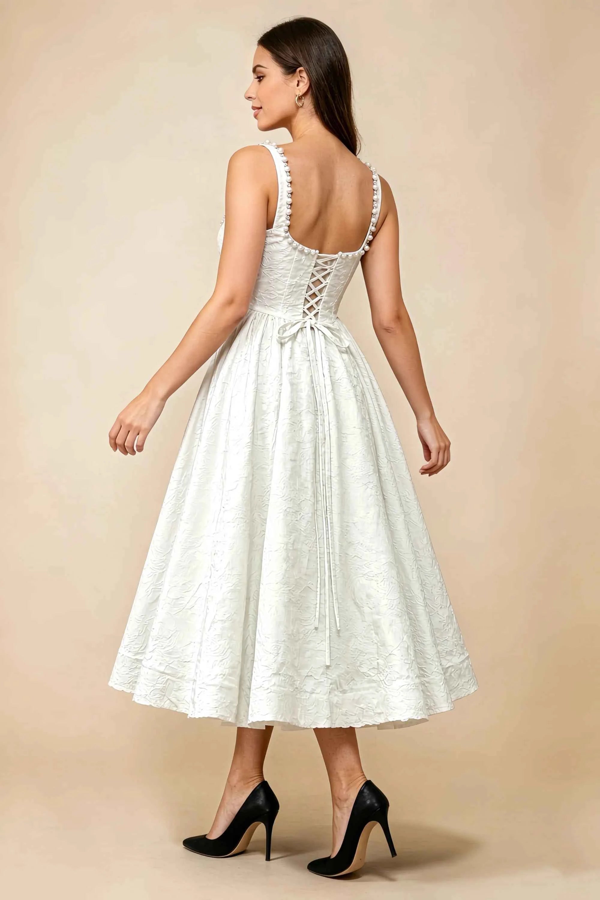 Alberta White Jacquard Square Neck Midi Dress with Pearl Secondary image
