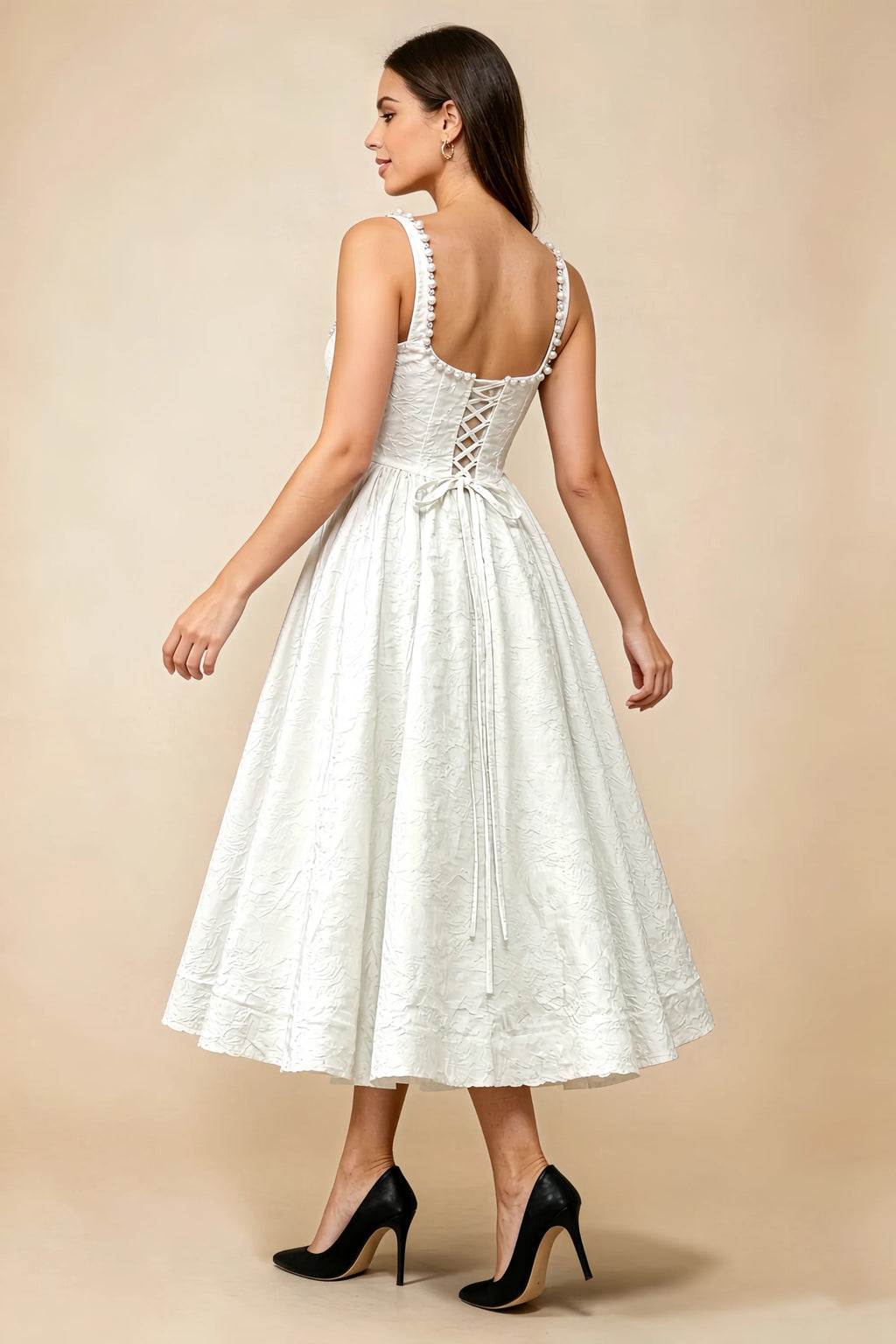 Alberta White Jacquard Square Neck Midi Dress with Pearl