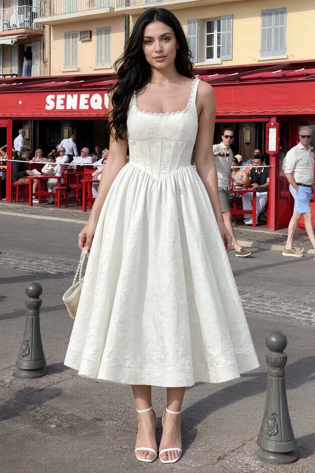 Alberta White Jacquard Square Neck Midi Dress with Pearl