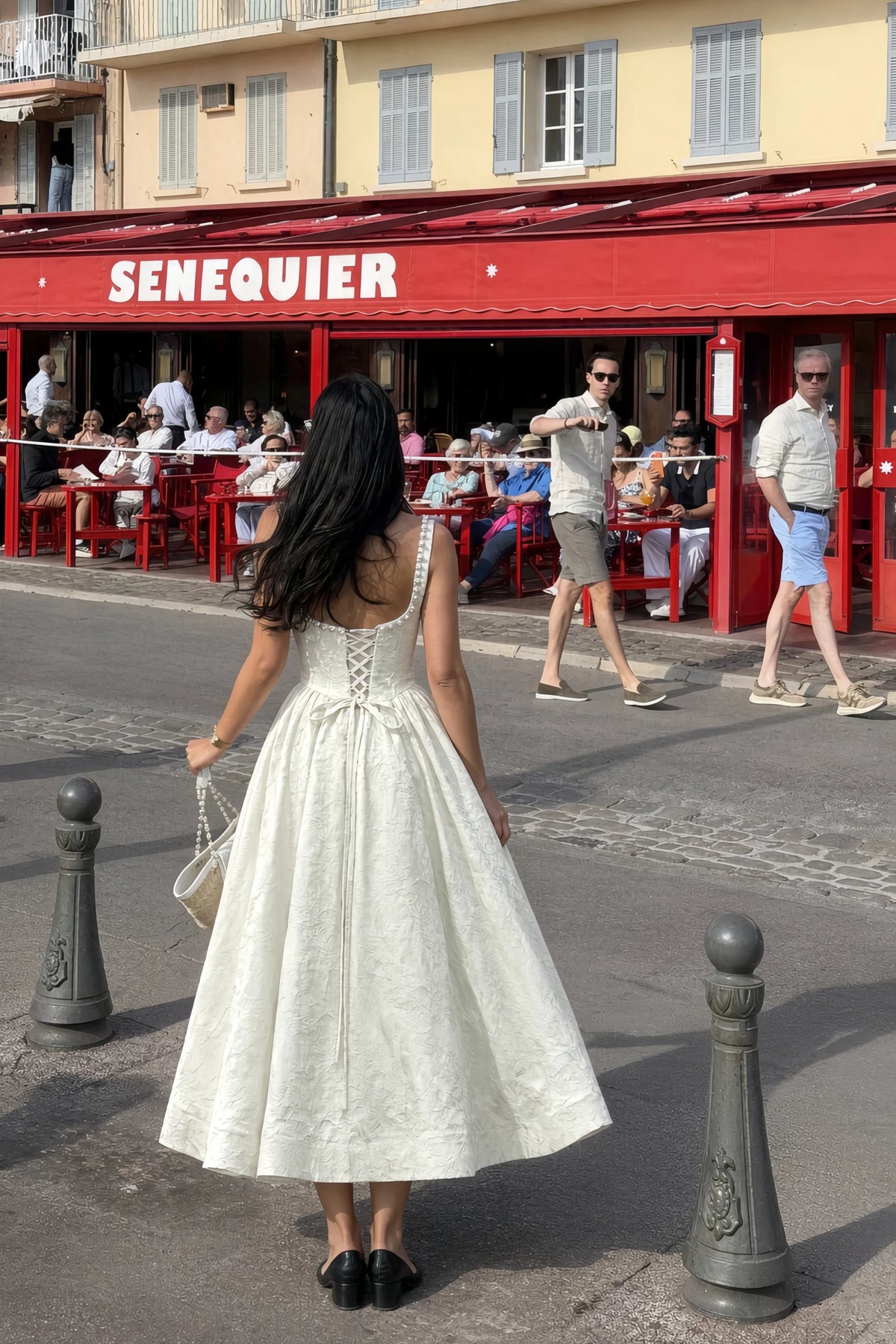 Alberta White Jacquard Square Neck Midi Dress with Pearl