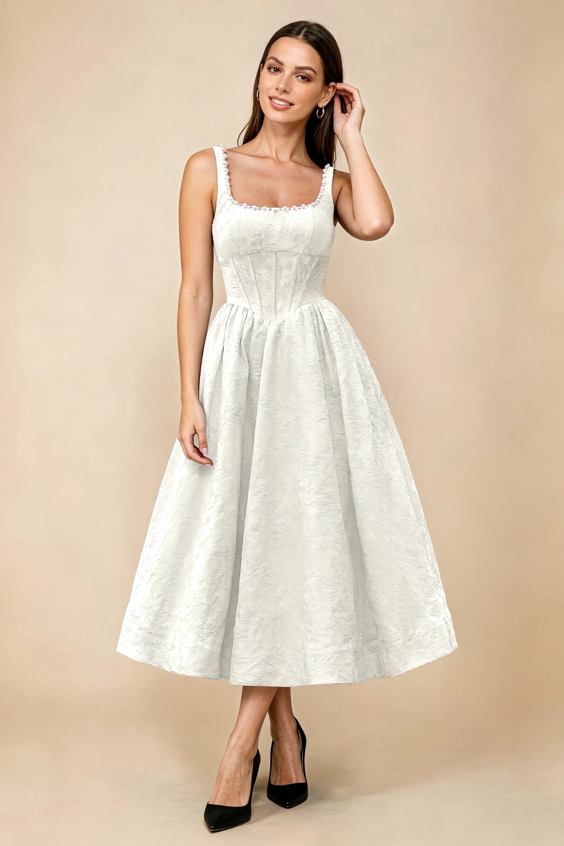 Alberta White Jacquard Square Neck Midi Dress with Pearl