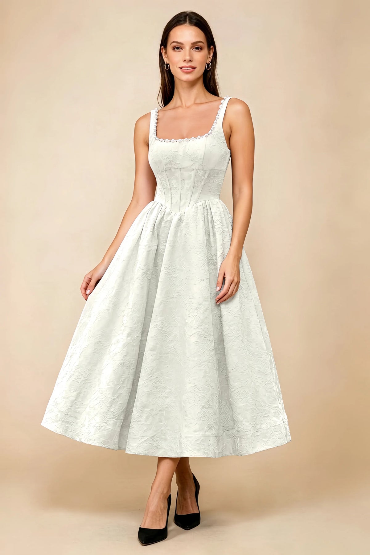 Alberta White Jacquard Square Neck Midi Dress with Pearl
