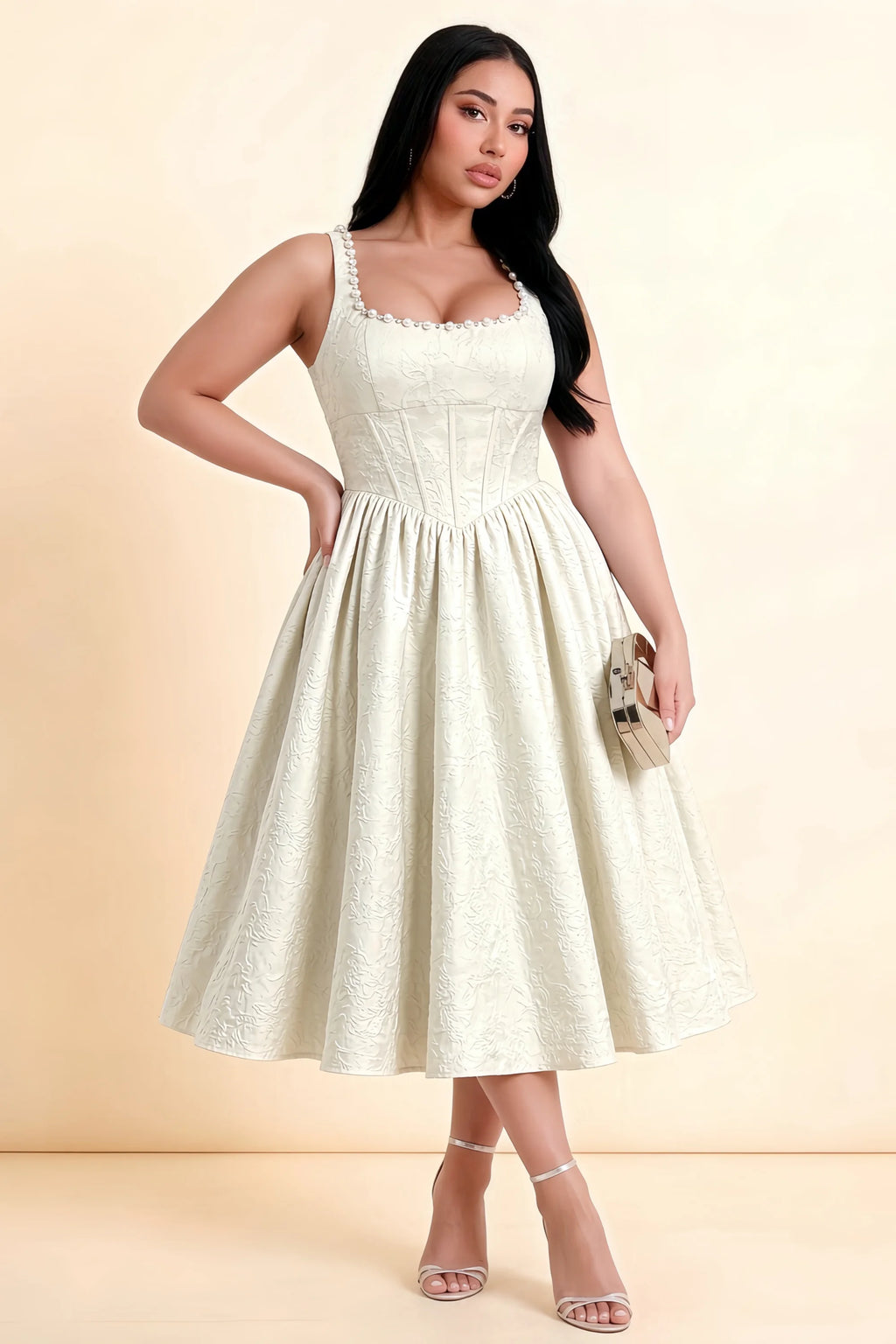 Alberta White Jacquard Square Neck Midi Dress with Pearl