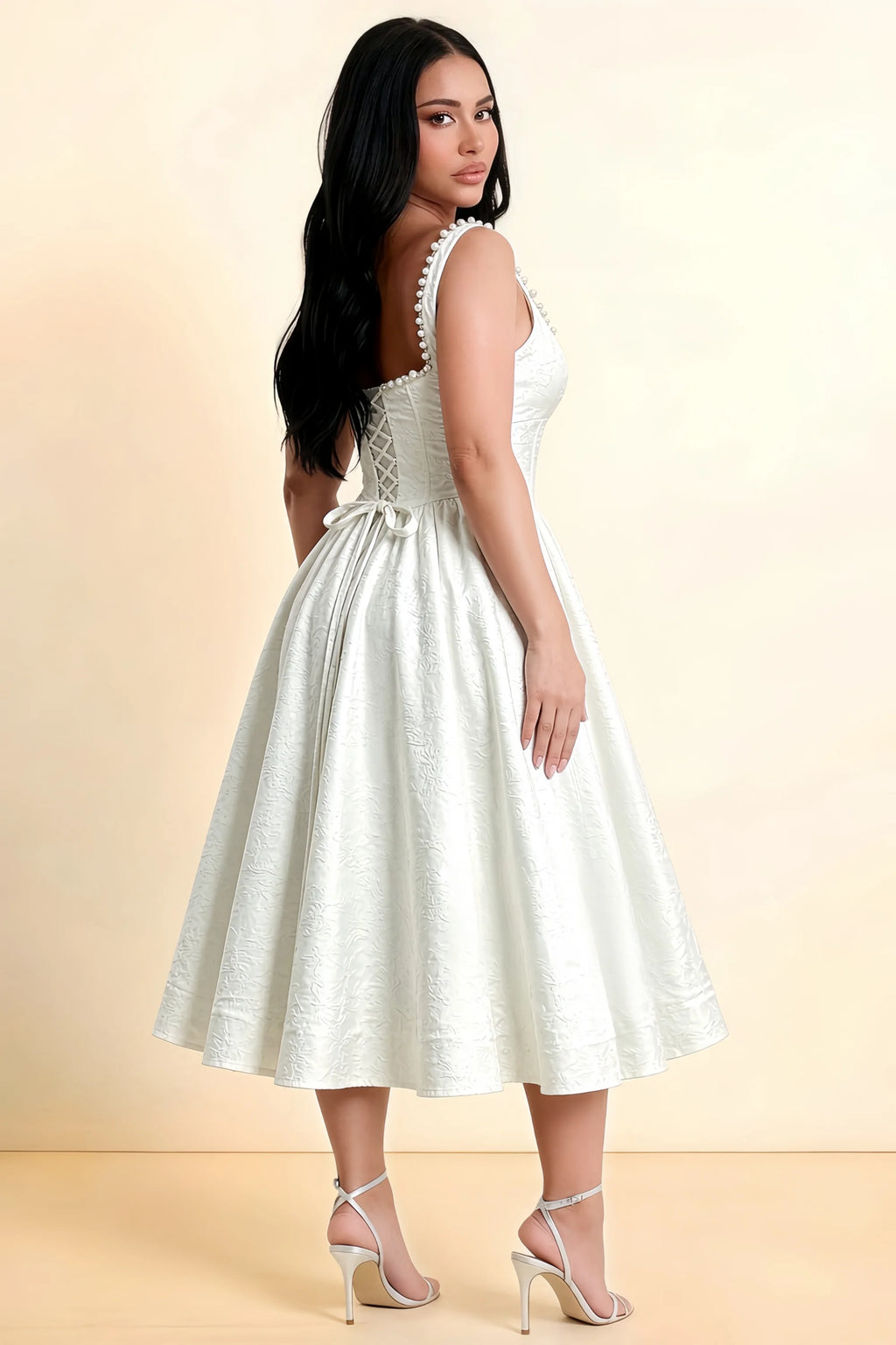 Alberta White Jacquard Square Neck Midi Dress with Pearl