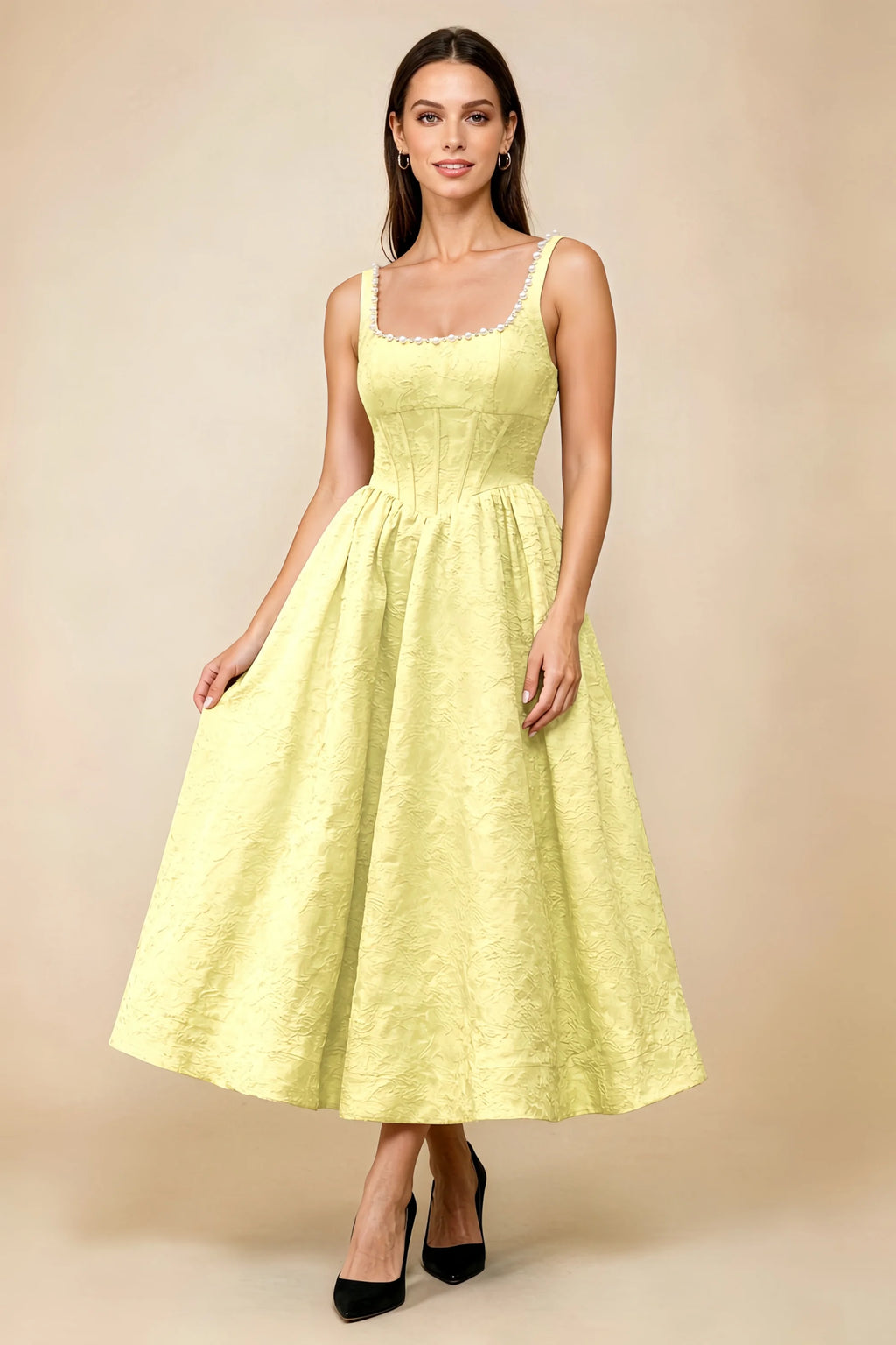 Alberta Yellow Jacquard Square Neck Midi Dress with Pearl
