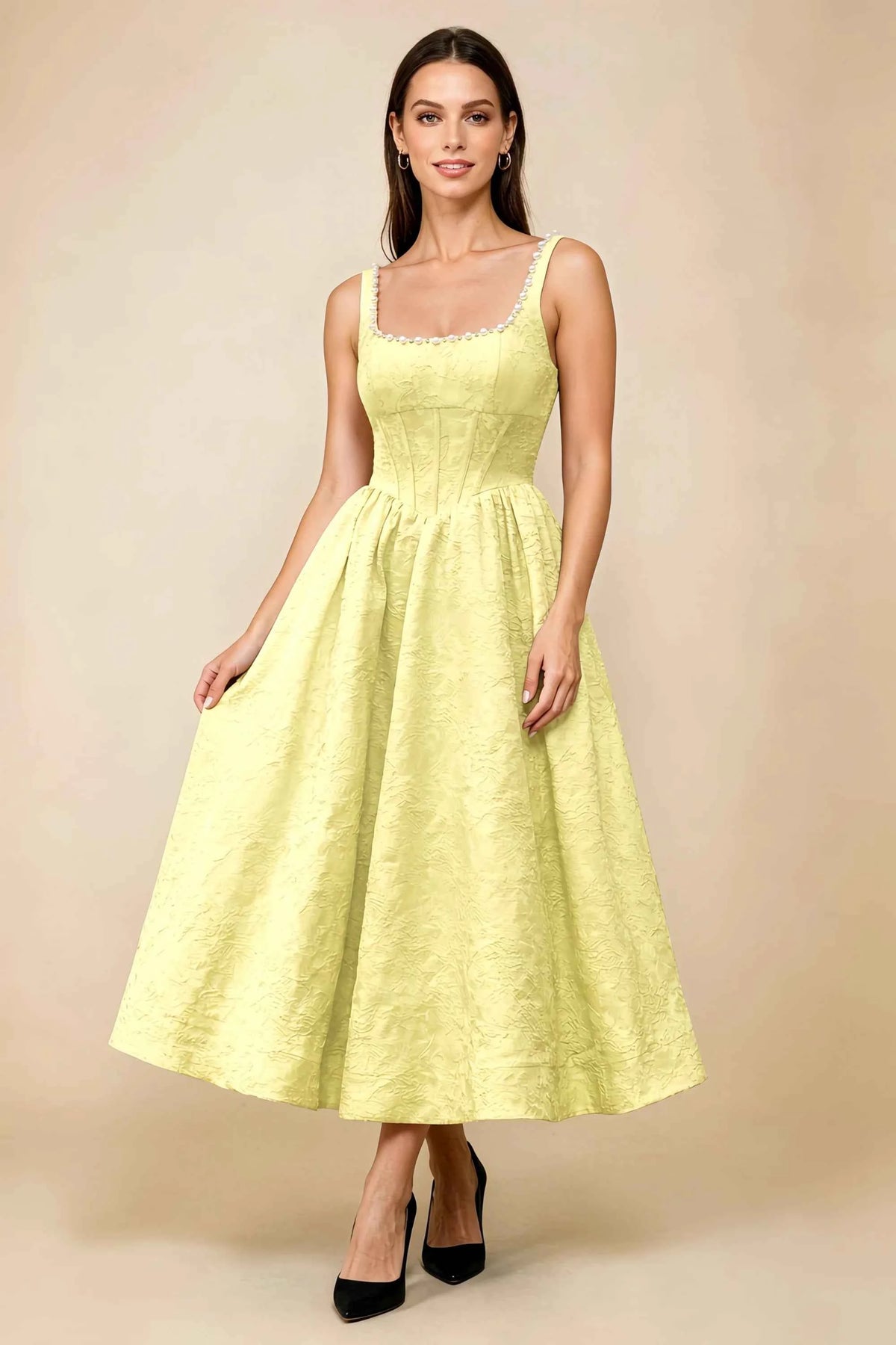 Alberta Yellow Jacquard Square Neck Midi Dress with Pearl Main image