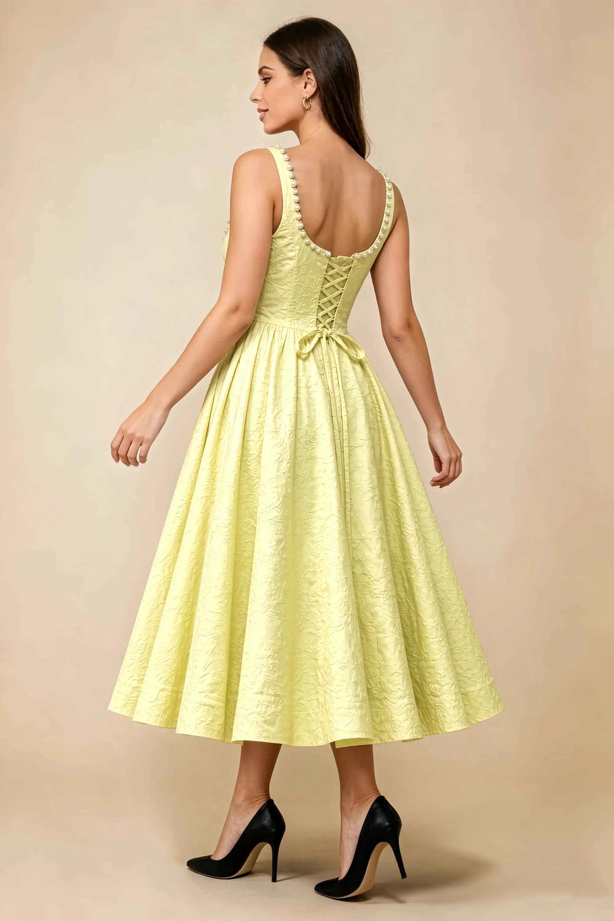 Alberta Yellow Jacquard Square Neck Midi Dress with Pearl Secondary image
