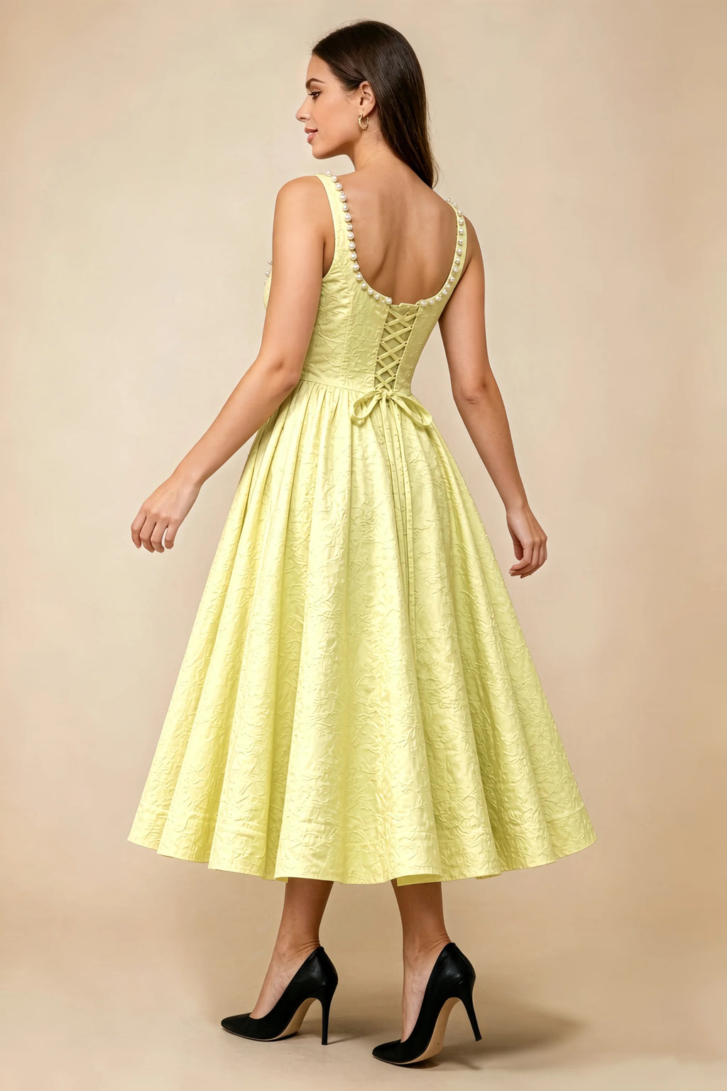 Alberta Yellow Jacquard Square Neck Midi Dress with Pearl