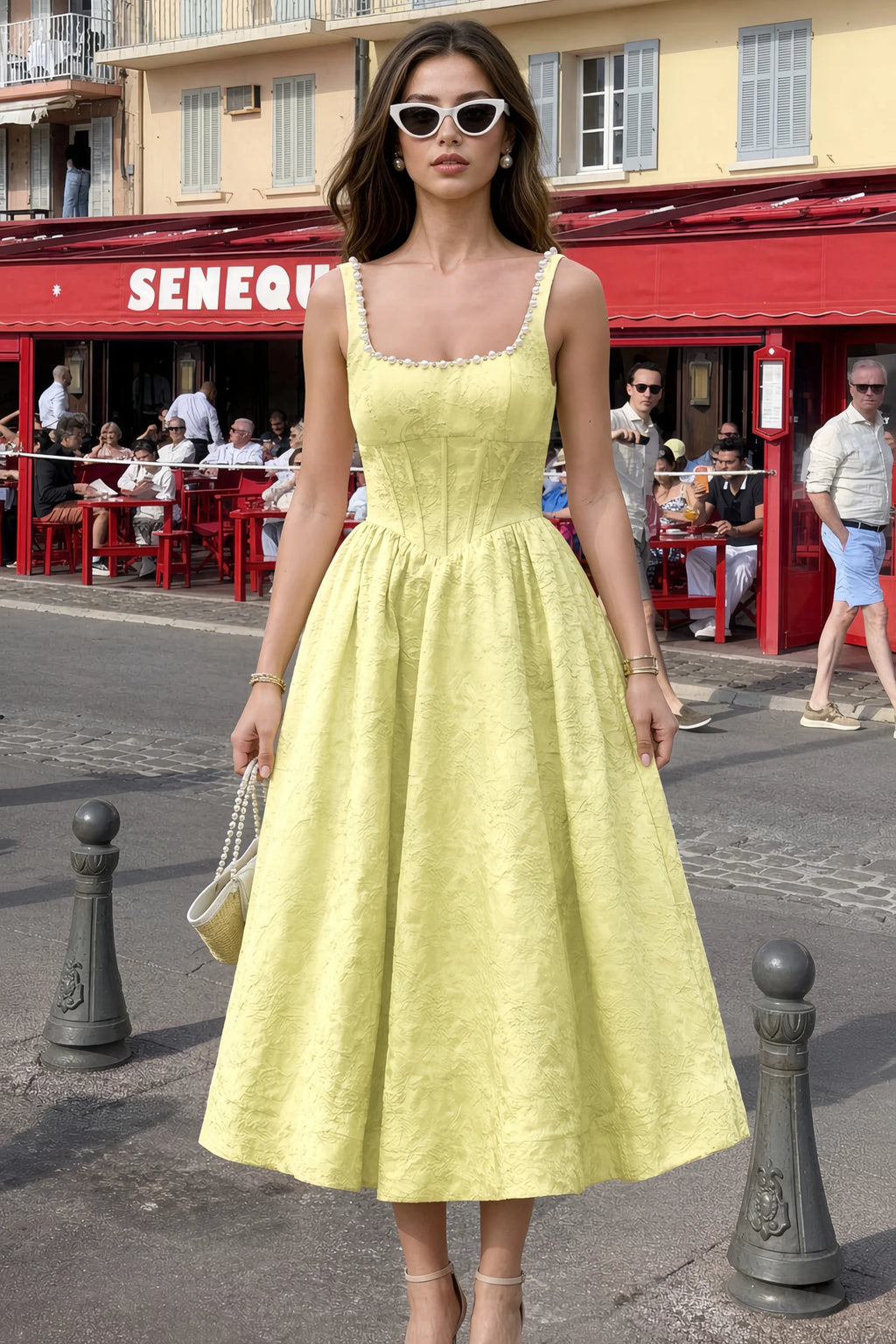 Alberta Yellow Jacquard Square Neck Midi Dress with Pearl