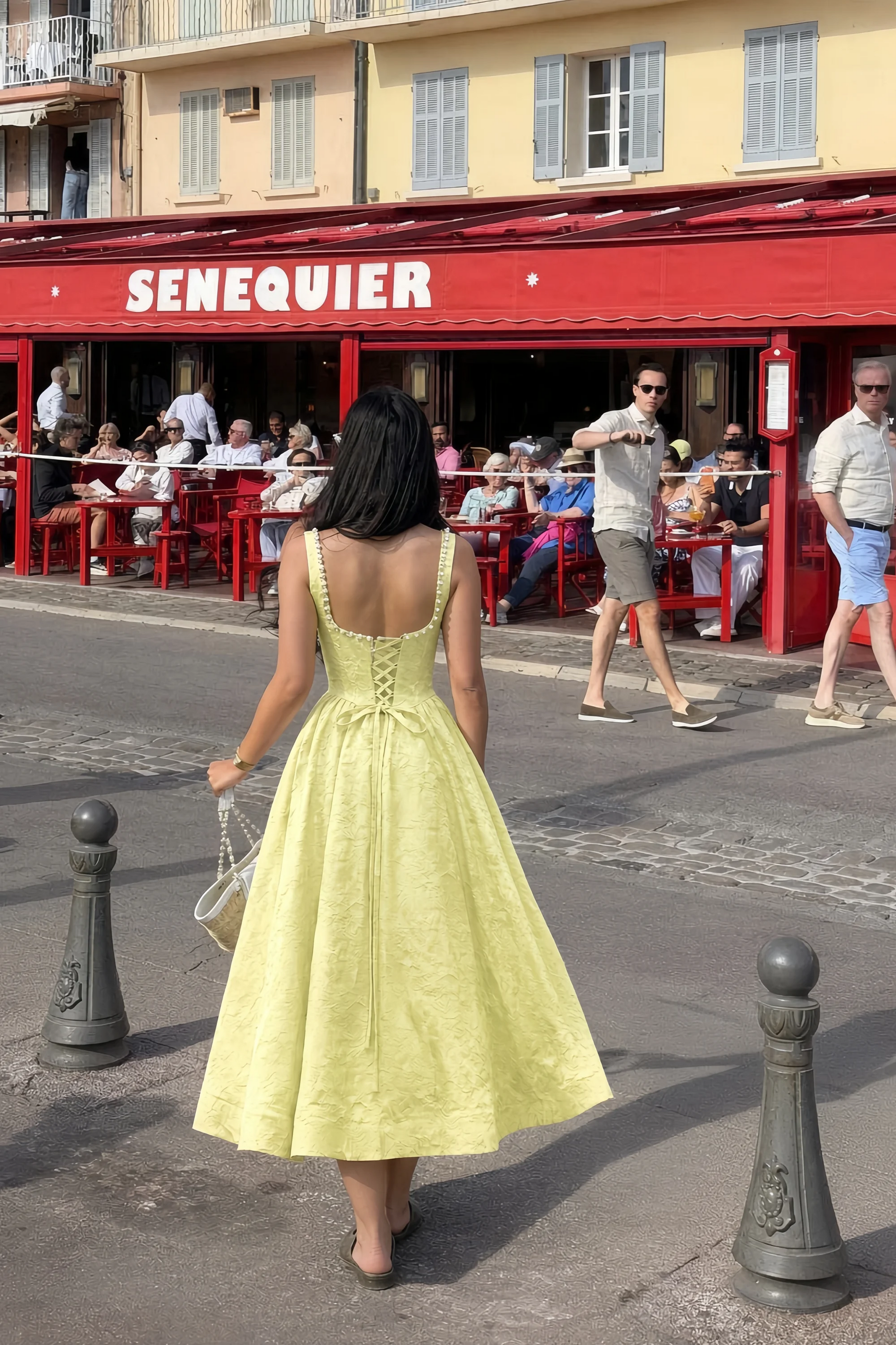 Alberta Yellow Jacquard Square Neck Midi Dress with Pearl