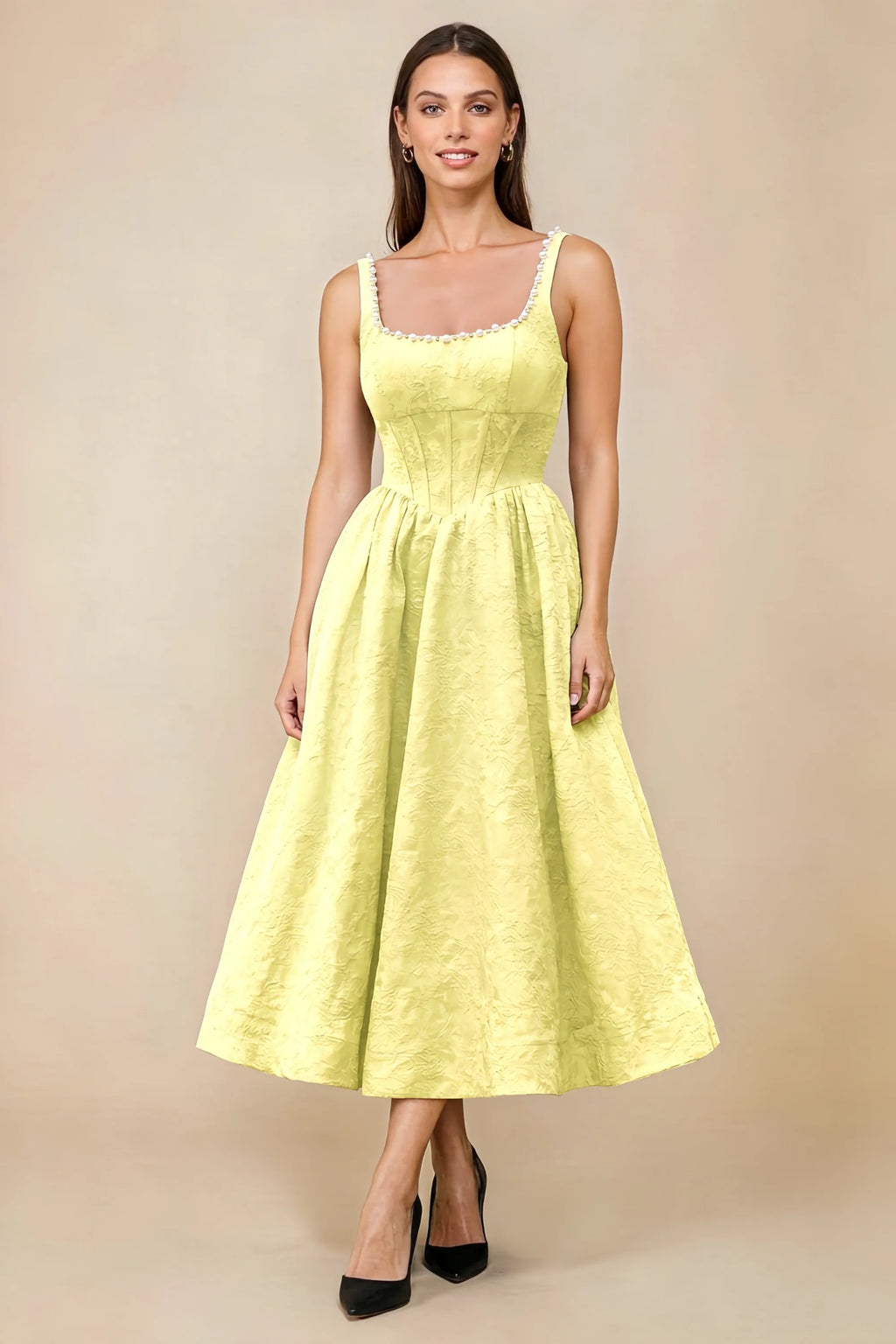 Alberta Yellow Jacquard Square Neck Midi Dress with Pearl