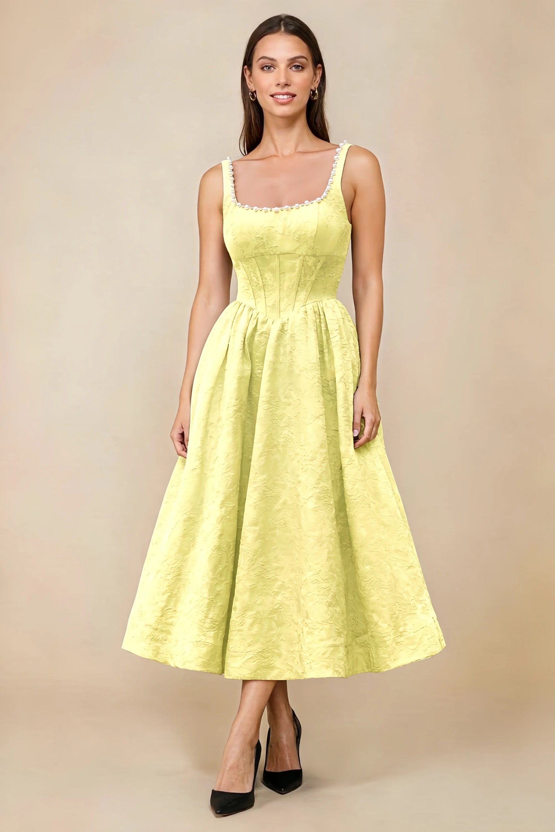 Alberta Yellow Jacquard Square Neck Midi Dress with Pearl