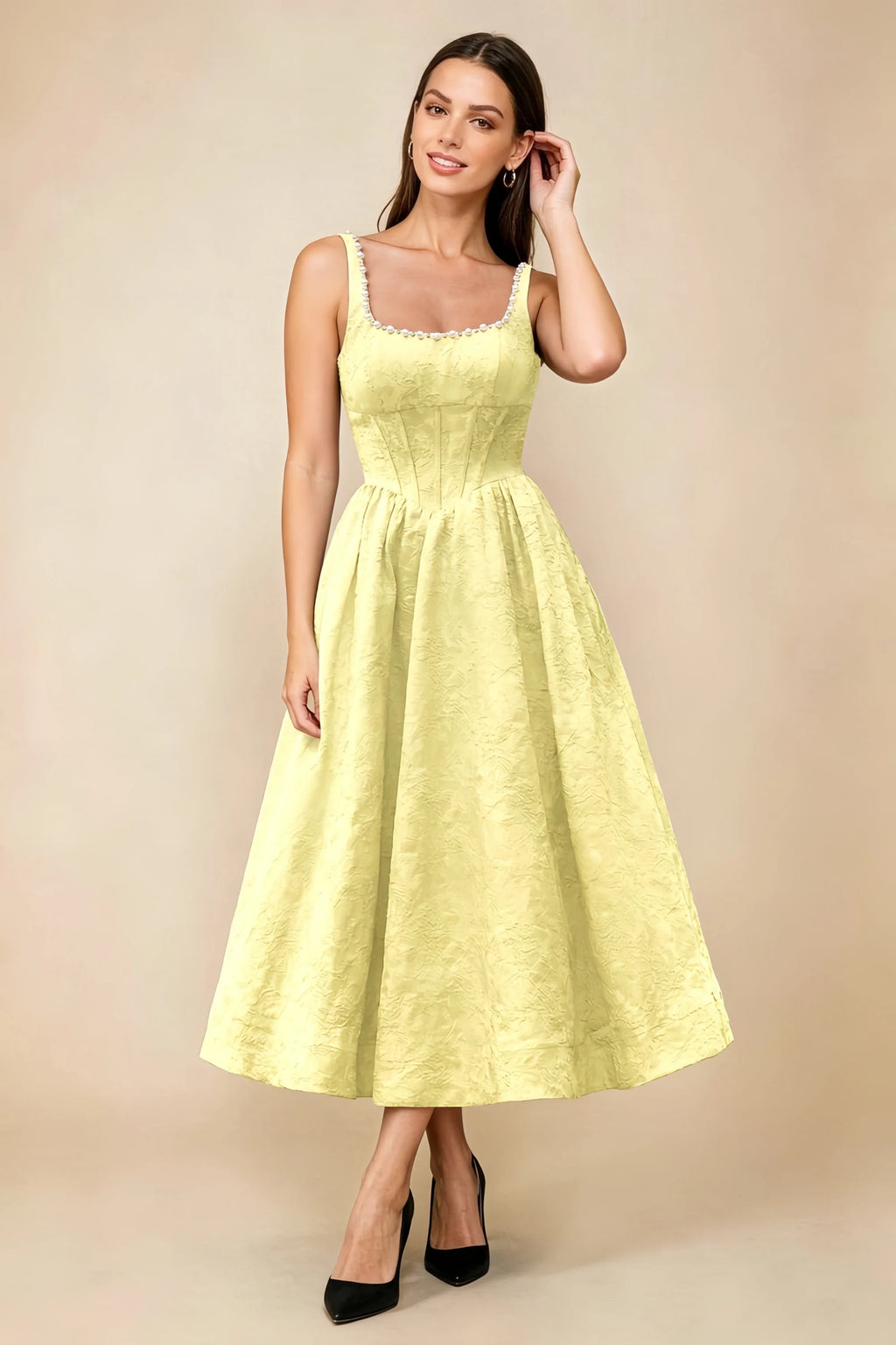 Alberta Yellow Jacquard Square Neck Midi Dress with Pearl