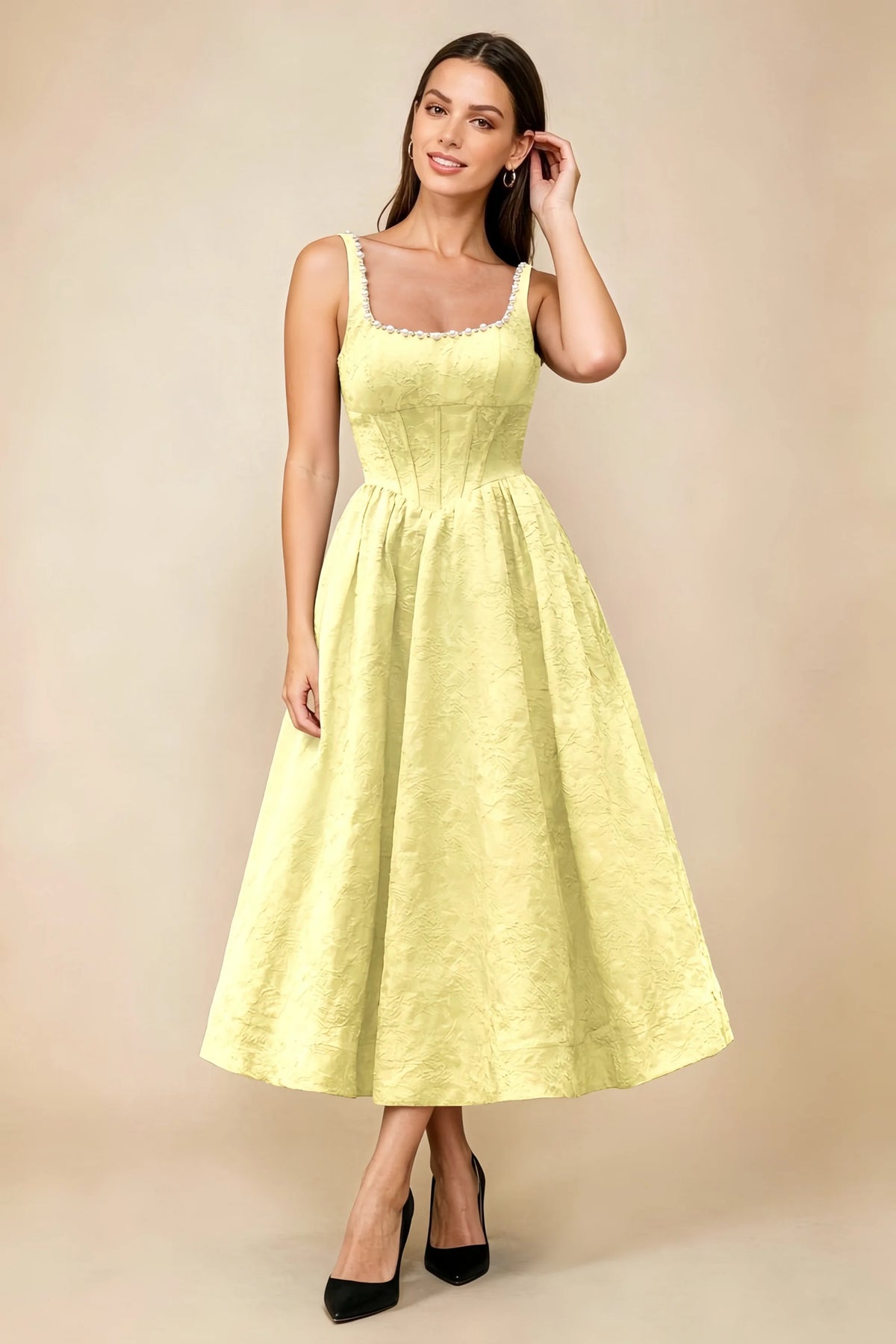 Alberta Yellow Jacquard Square Neck Midi Dress with Pearl