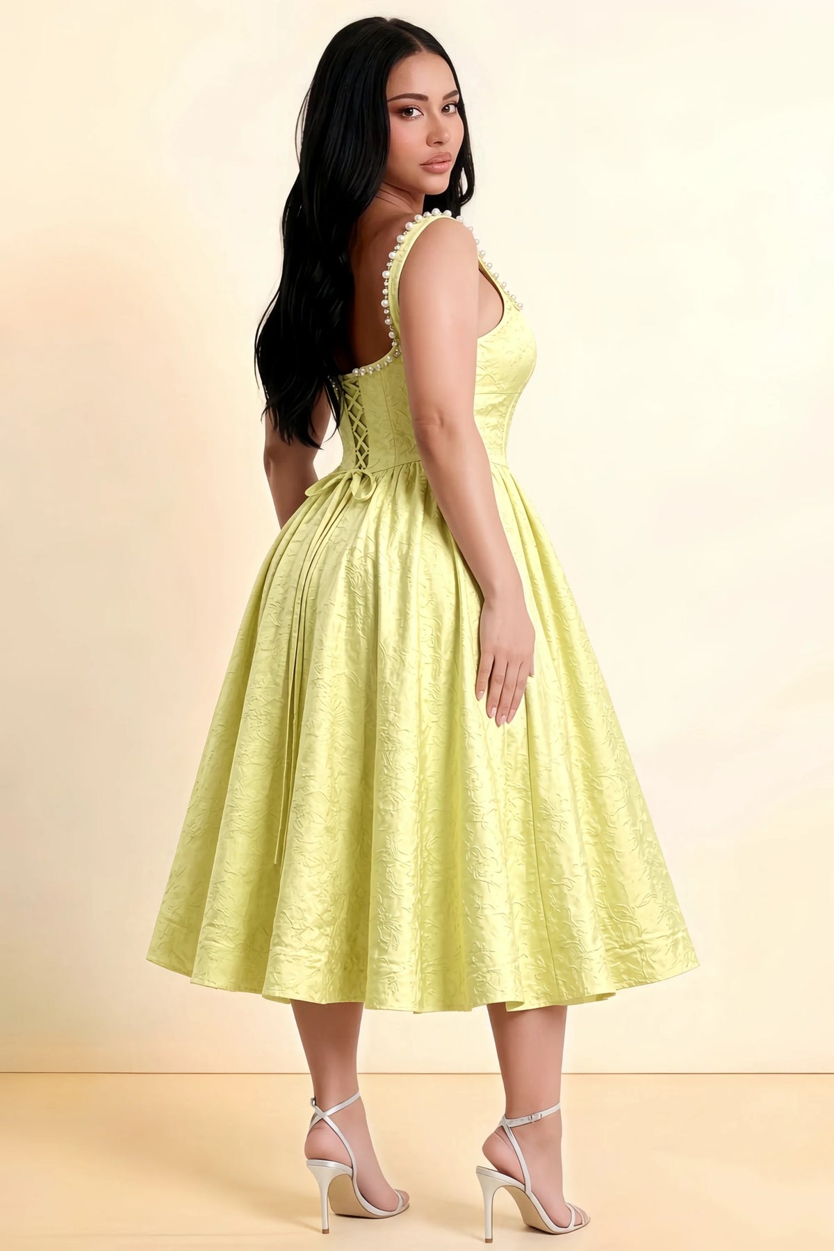 Alberta Yellow Jacquard Square Neck Midi Dress with Pearl