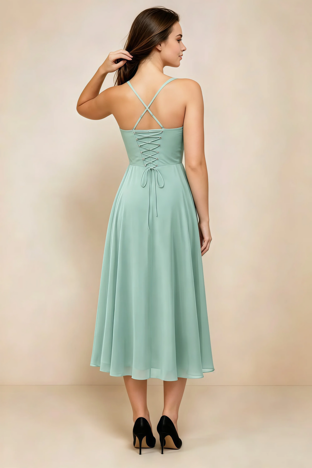 Alessandra Agave Chiffon Sweetheart Lace-up Midi Dress