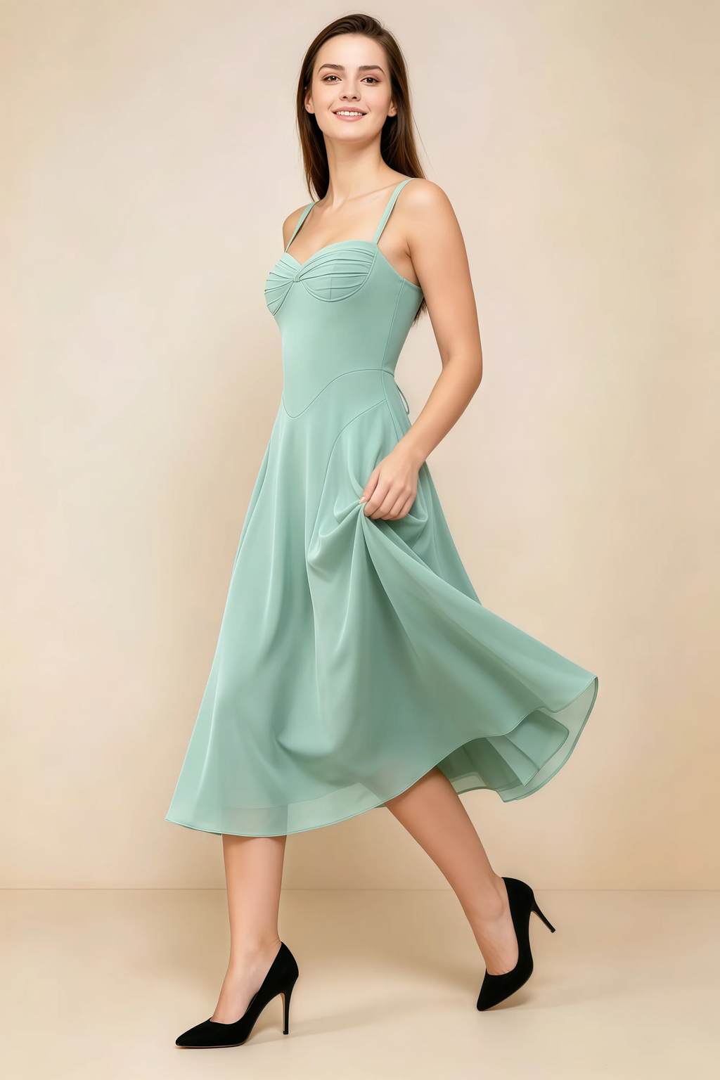 Alessandra Agave Chiffon Sweetheart Lace-up Midi Dress