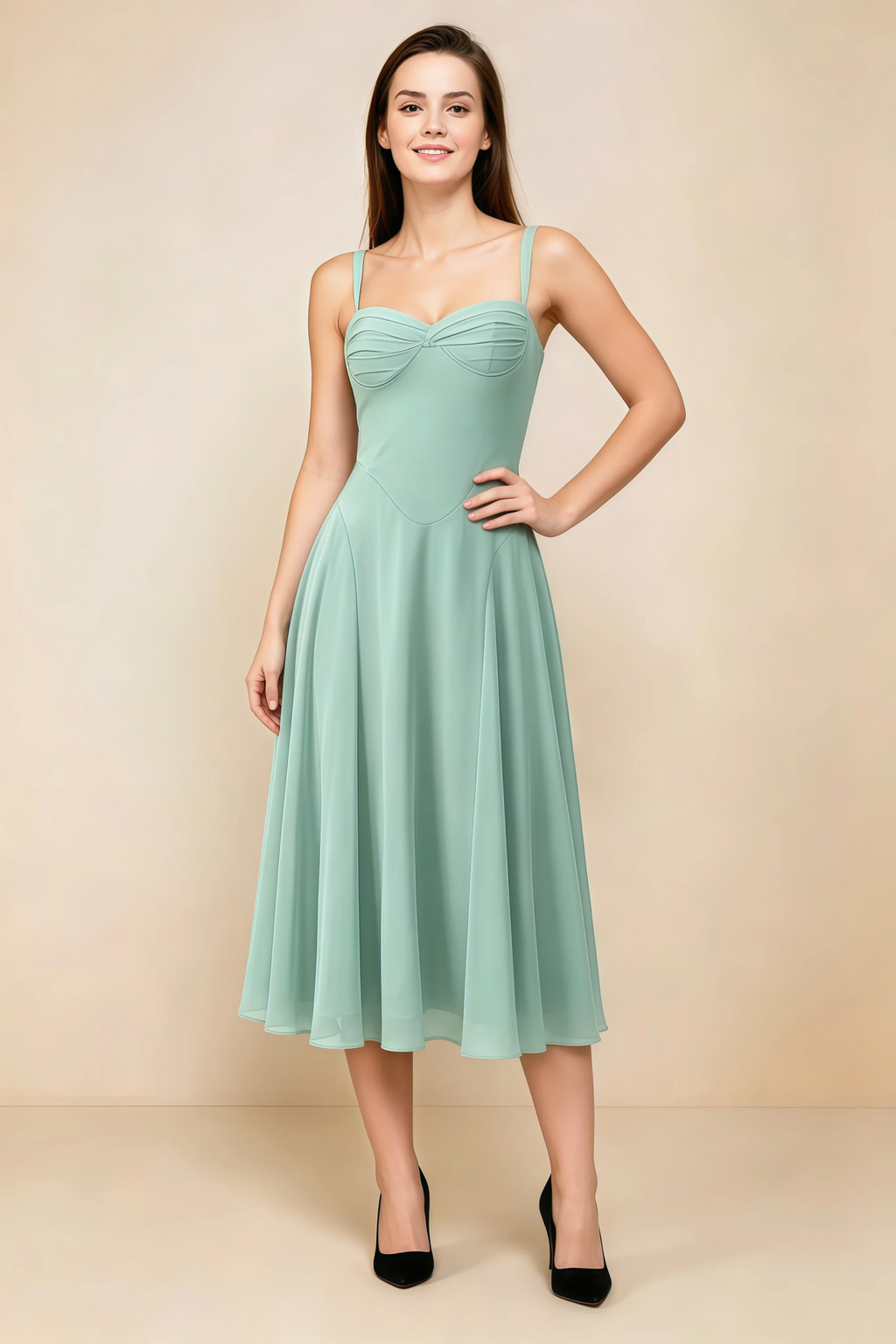 Alessandra Agave Chiffon Sweetheart Lace-up Midi Dress