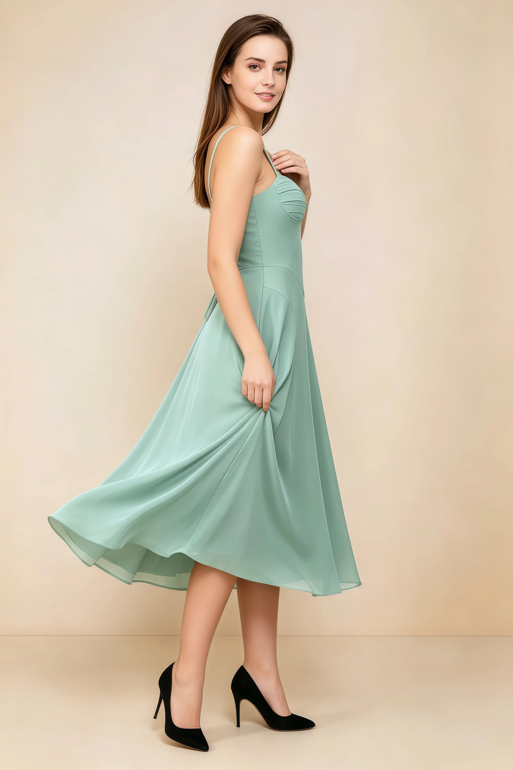 Alessandra Agave Chiffon Sweetheart Lace-up Midi Dress