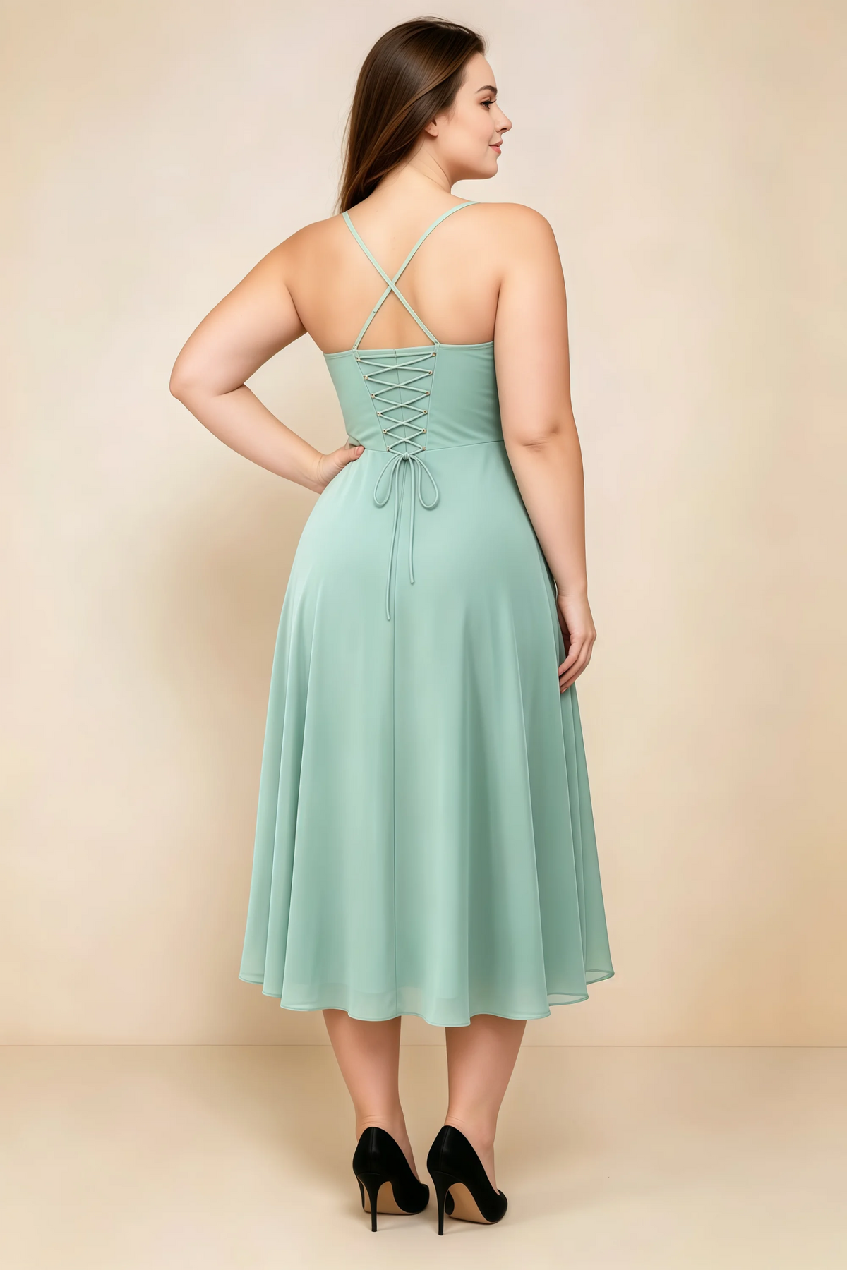 Alessandra Agave Chiffon Sweetheart Lace-up Midi Dress