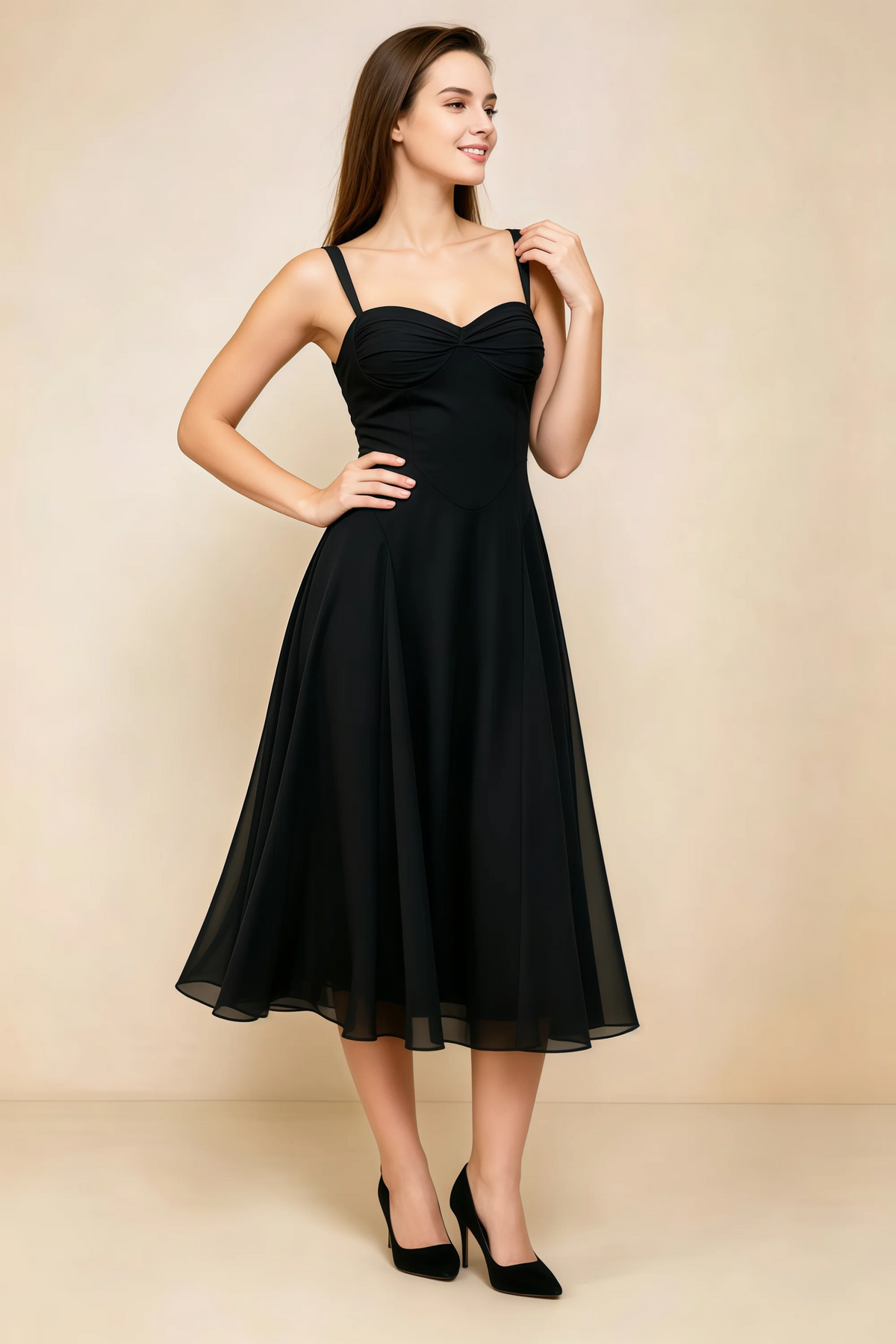 Alessandra Black Chiffon Sweetheart Lace-Up Midi Dress