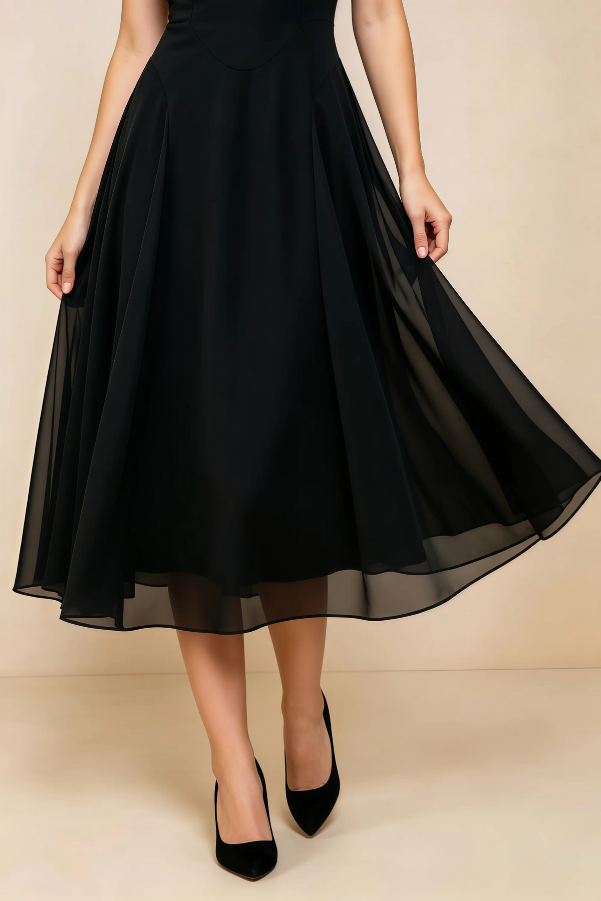 Alessandra Black Chiffon Sweetheart Lace-Up Midi Dress