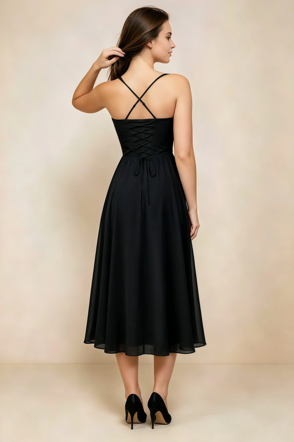 Alessandra Black Chiffon Sweetheart Lace-Up Midi Dress