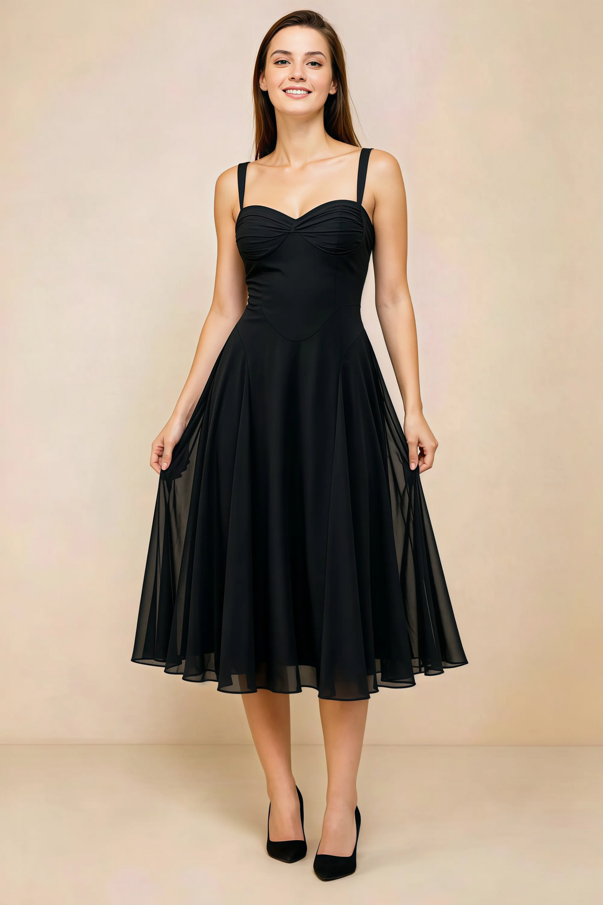 Alessandra Black Chiffon Sweetheart Lace-Up Midi Dress