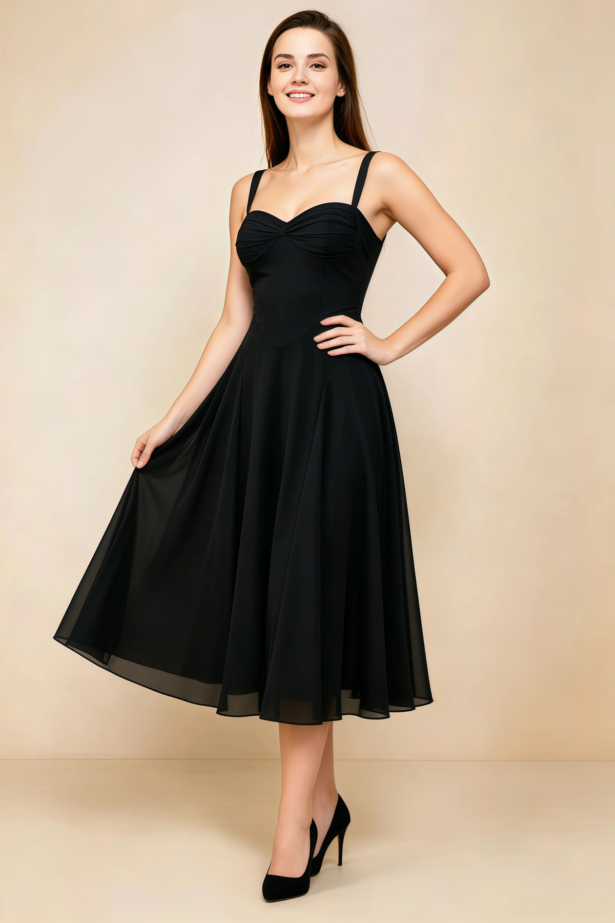 Alessandra Black Chiffon Sweetheart Lace-Up Midi Dress
