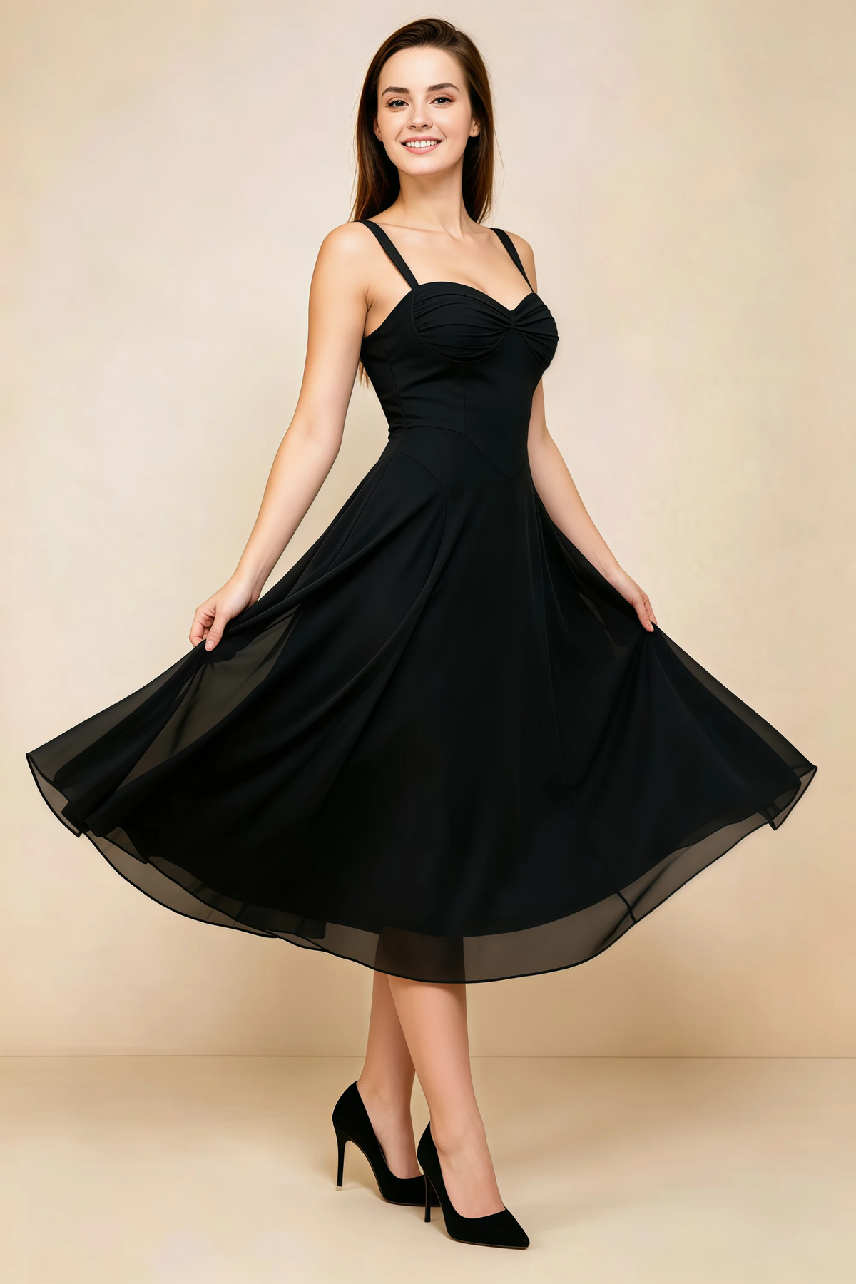 Alessandra Black Chiffon Sweetheart Lace-Up Midi Dress