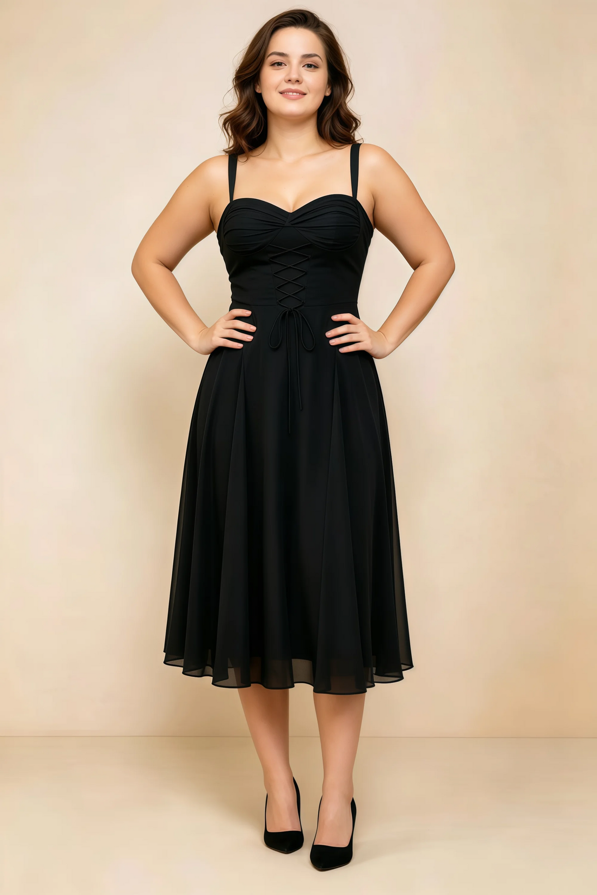 Alessandra Black Chiffon Sweetheart Lace-Up Midi Dress